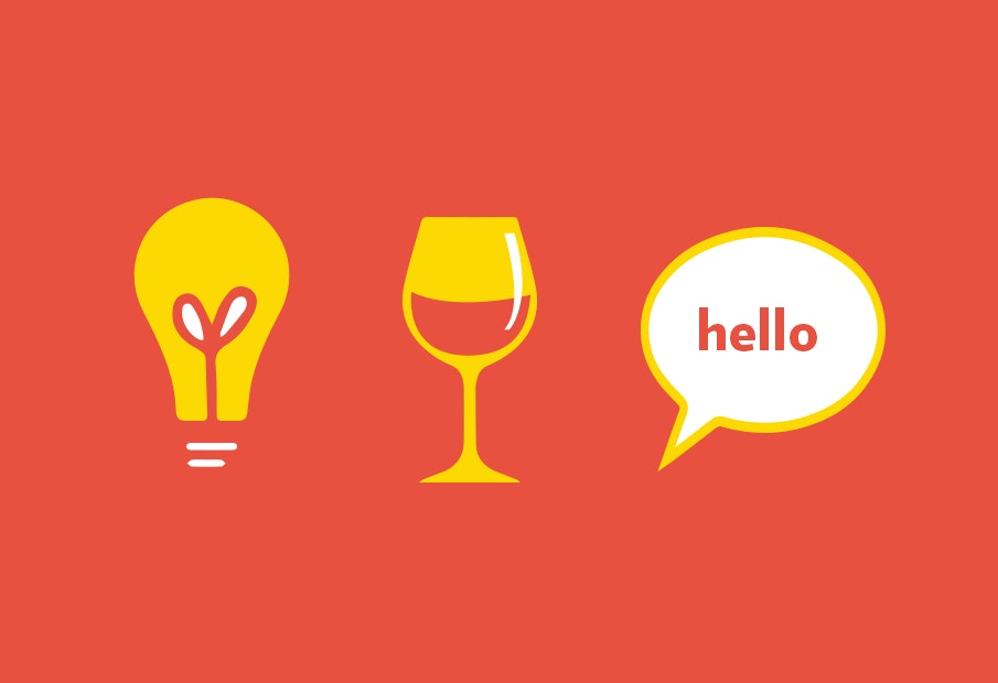 Graphic of a lightbulb, glass, and speech bubble.