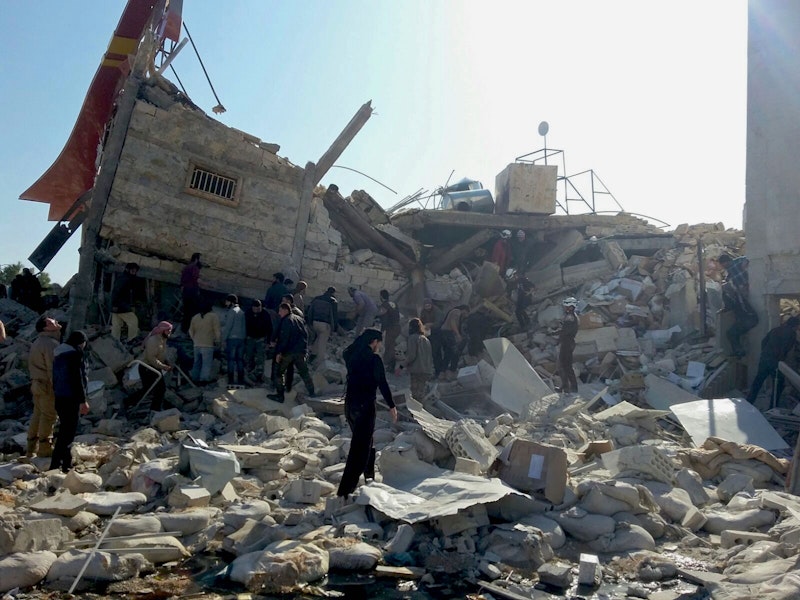 epaselect epa05162072 A handout image dated 15 February 2016, provided by the Médecins Sans Frontières (MSF) or Doctors Without Bordersorganization, showing destruction and rubble at an MSF-supported hospital in Idlib province in northern Syria, largely destroyed in an attack on early 15 February 2016. At least eight staff members are missing after airstrikes at a hospital affiliated with Doctors Without Borders (MSF) in northern Syria, believed to have been carried out by Russian jets. 'We can confirm that the MSF-supported structure in Maaret al-Noumaan in northern Idlib was destroyed this morning in airstrikes,' said Mirella Hodeib, a press offer at MSF in Beirut. MSF said 40,000 people would be cut off from access to medical services as a result of the latest strikes on the hospital in Idlib. Three MSF-supported hospitals were recently damaged in Aleppo.  EPA/SAM TAYLOR / MSF / HANDOUT  HANDOUT EDITORIAL USE ONLY/NO SALES