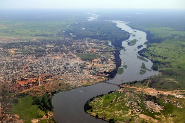 Aerial of Juba, the capital of South Sudan, with the river Nile running in the middle. Juba downtown is upper middle close to the river, and the airport can be seen upper left. The picture is from the south to the north.