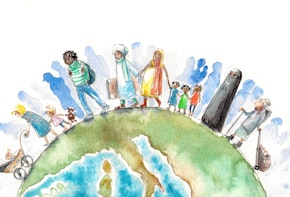 Illustration of people different nationalities going on a Earth.Picture created with watercolors