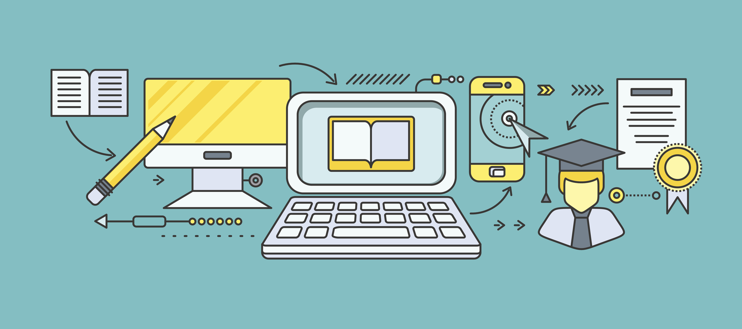 Concept of distance learning and education. Online tutorial and video course, research and graduation, science and webinar, digital elearning, test and literature. Set of thin, lines flat icons