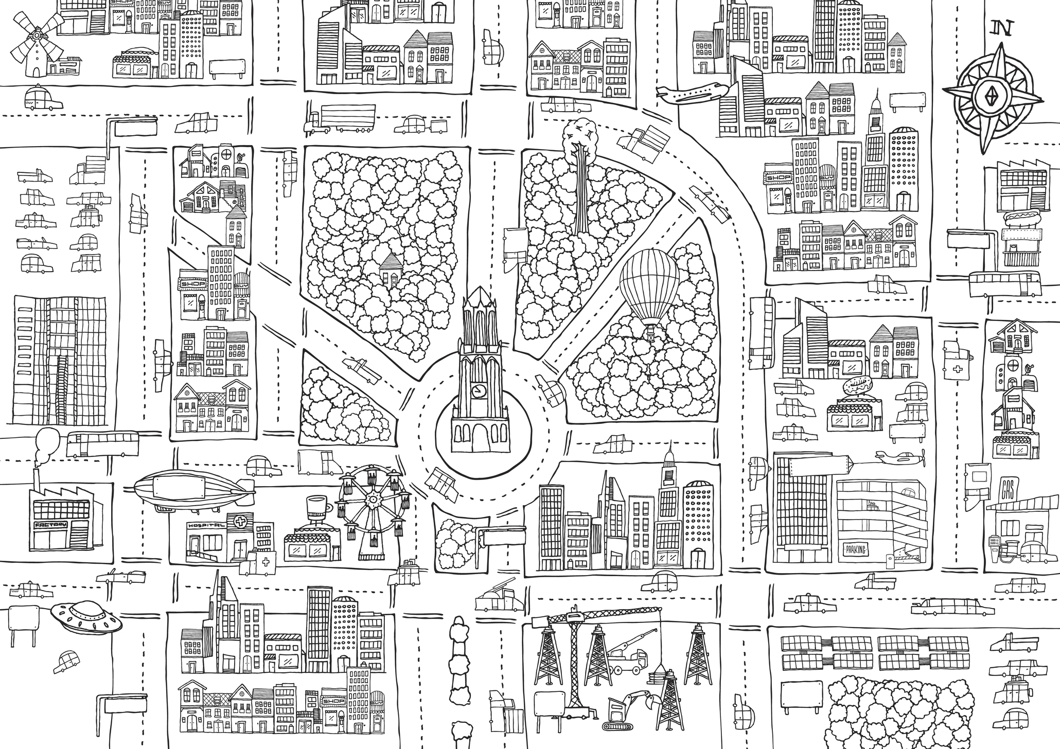 Cartoon illustration background of busy city texture for adult coloring