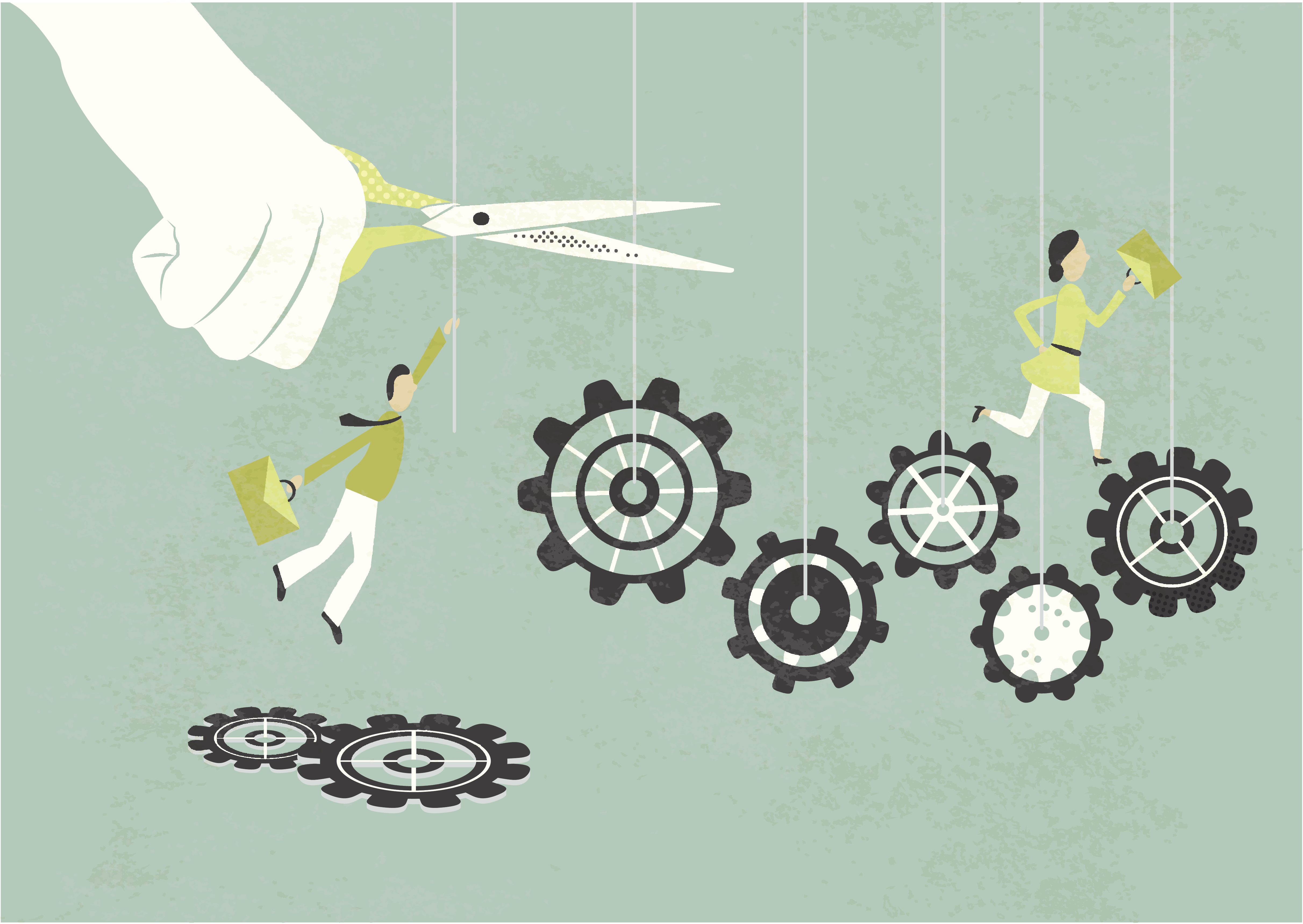 A hand cut the wires that hold the gears of the machinery while workers try to save themselves.