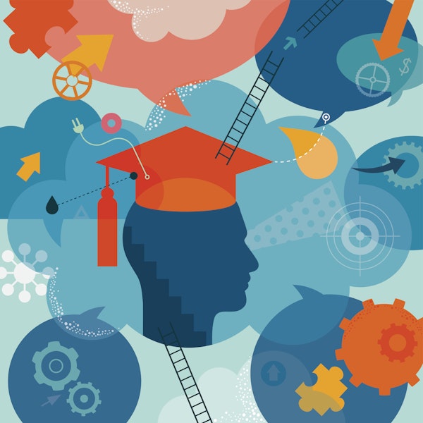 Abstract vector illustration is showing a student become graduate. Head silhouette wearing a graduation had is placed into the centre as  a main element. All around surface/and head, there are placed different elements, which are showing graduates thoughts, achievements and also future goals. We can find ladders which are metaphor for all improvements; gears for thinking; puzzles for solutions; target for goals; stairs for moving up ect. Illustration is using mainly blue palette (blue as a color is associated with wisdom) which is highlighted with orange and yellow tones. Illustration is nicely layered.