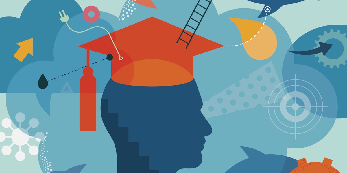 Abstract vector illustration is showing a student become graduate. Head silhouette wearing a graduation had is placed into the centre as  a main element. All around surface/and head, there are placed different elements, which are showing graduates thoughts, achievements and also future goals. We can find ladders which are metaphor for all improvements; gears for thinking; puzzles for solutions; target for goals; stairs for moving up ect. Illustration is using mainly blue palette (blue as a color is associated with wisdom) which is highlighted with orange and yellow tones. Illustration is nicely layered.