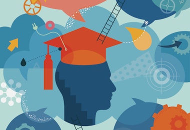 Abstract vector illustration is showing a student become graduate. Head silhouette wearing a graduation had is placed into the centre as  a main element. All around surface/and head, there are placed different elements, which are showing graduates thoughts, achievements and also future goals. We can find ladders which are metaphor for all improvements; gears for thinking; puzzles for solutions; target for goals; stairs for moving up ect. Illustration is using mainly blue palette (blue as a color is associated with wisdom) which is highlighted with orange and yellow tones. Illustration is nicely layered.