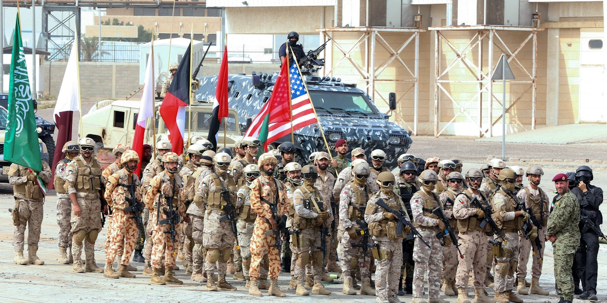 Soldiers from the United States, Kuwait, and other Gulf Cooperation Council (GCC) countries participate in the concluding drill of the wide-scale Eagle Resolve 2017 military exercise at Shuwaikh Port, west of Kuwait City on April 6, 2017.
About 1,000 US military personnel supported the month-long exercise which included a series of tactical demonstrations of land, maritime and air forces from several nations. / AFP PHOTO / Yasser Al-Zayyat        (Photo credit should read YASSER AL-ZAYYAT/AFP/Getty Images)