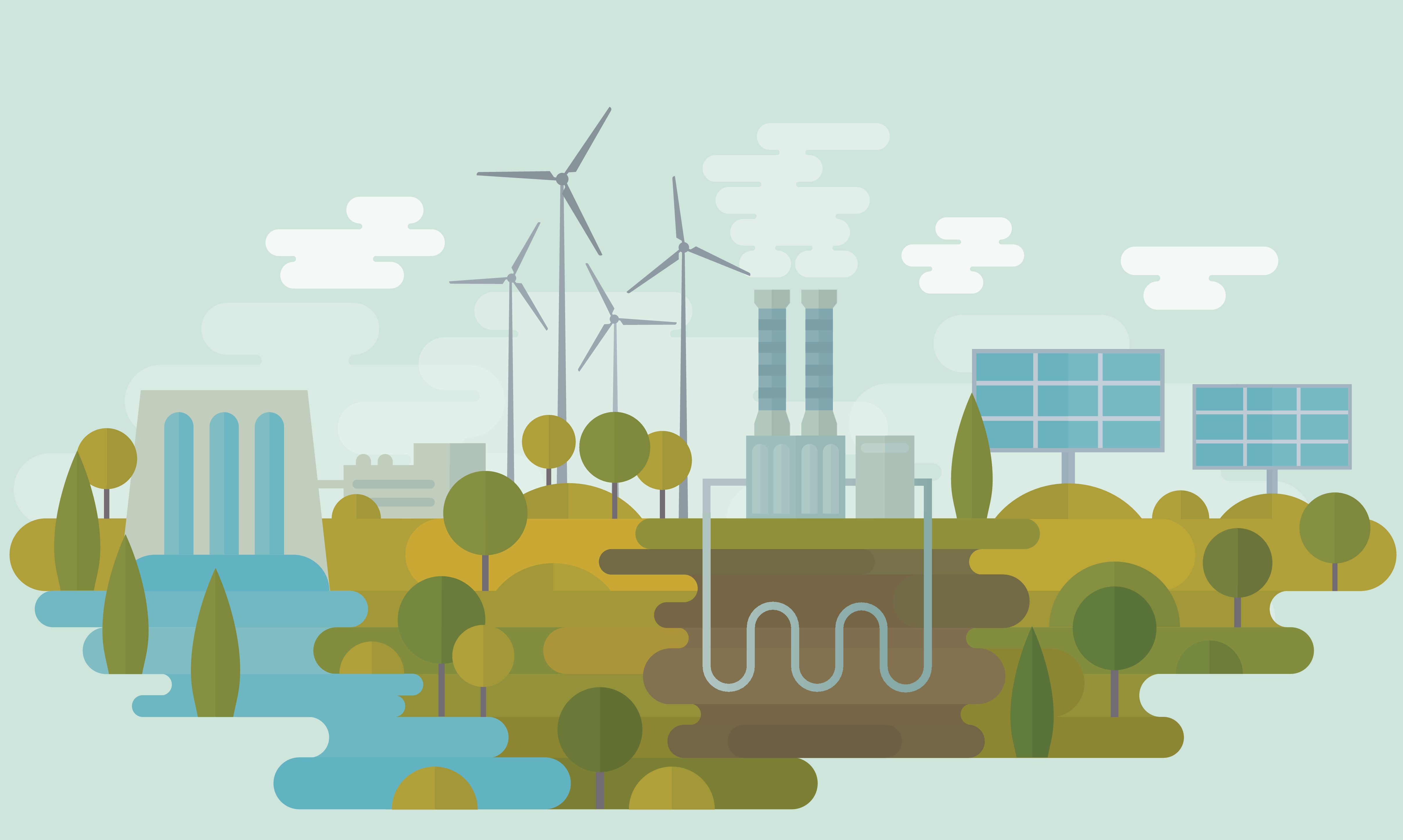 Flat vector illustration is showing alternative clean energy sources: hydro energy, wind energy, geothermal energy and solar energy. Nicely layered.