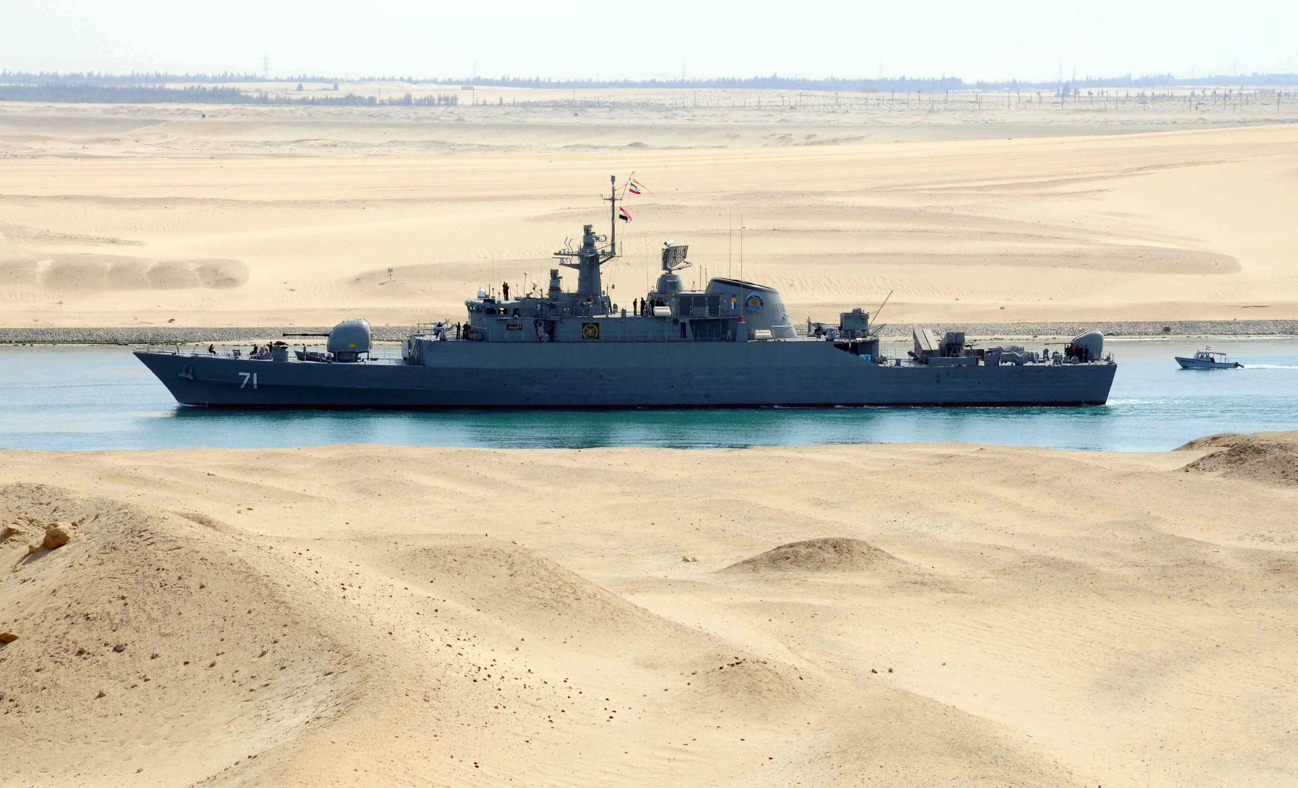 Iranian patrol frigate Alvand transits through the Suez Canal on February 22, 2011 bound, along with support ship Kharg, for the Mediterranean Sea on a purported training mission that Israel regards as a provocation. AFP PHOTO/STR (Photo credit should read -/AFP/Getty Images)