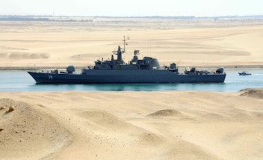 Iranian patrol frigate Alvand transits through the Suez Canal on February 22, 2011 bound, along with support ship Kharg, for the Mediterranean Sea on a purported training mission that Israel regards as a provocation. AFP PHOTO/STR (Photo credit should read -/AFP/Getty Images)