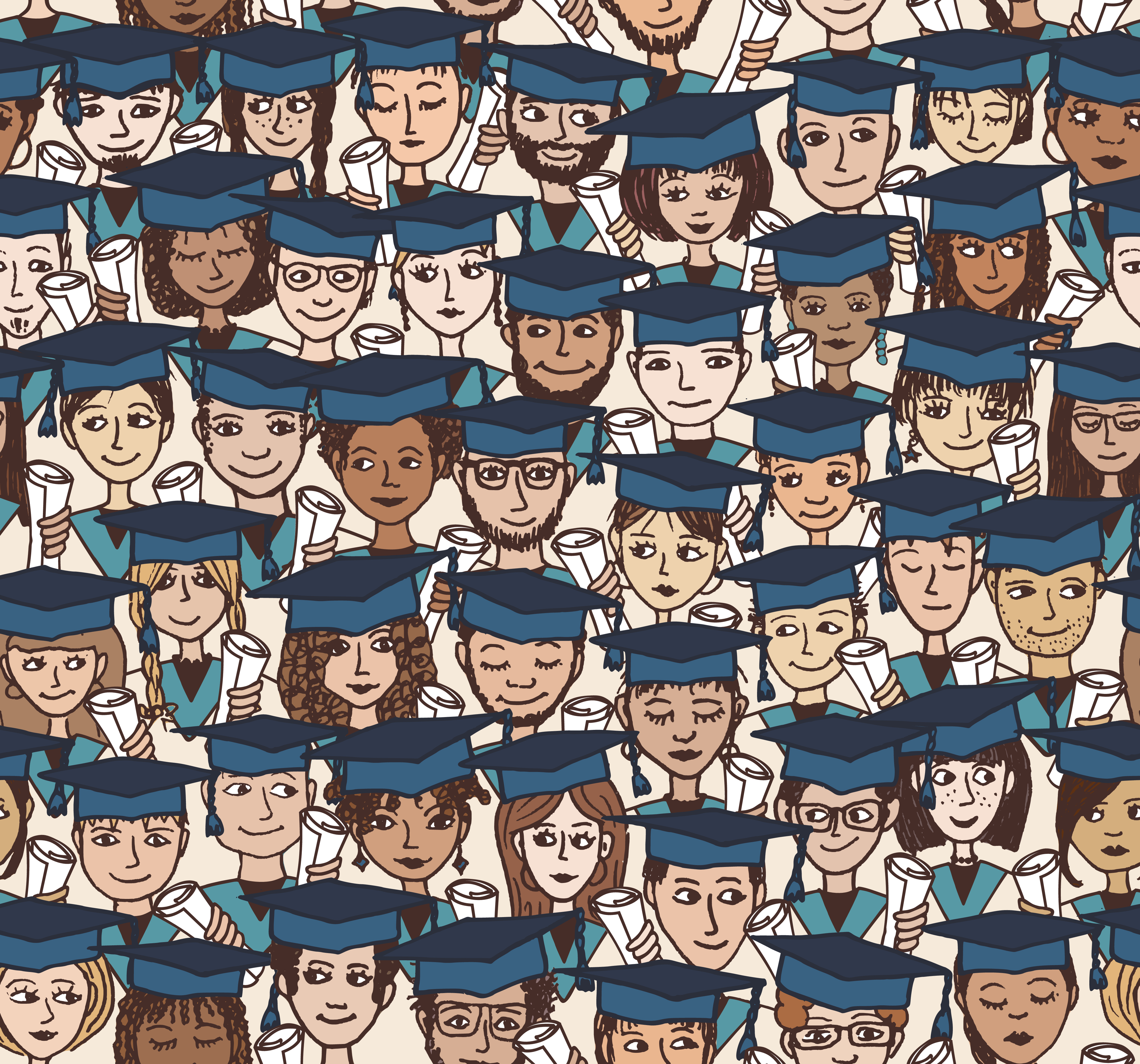 Hand drawn seamless pattern of a group of cartoon students with graduation caps and their degree in their hands