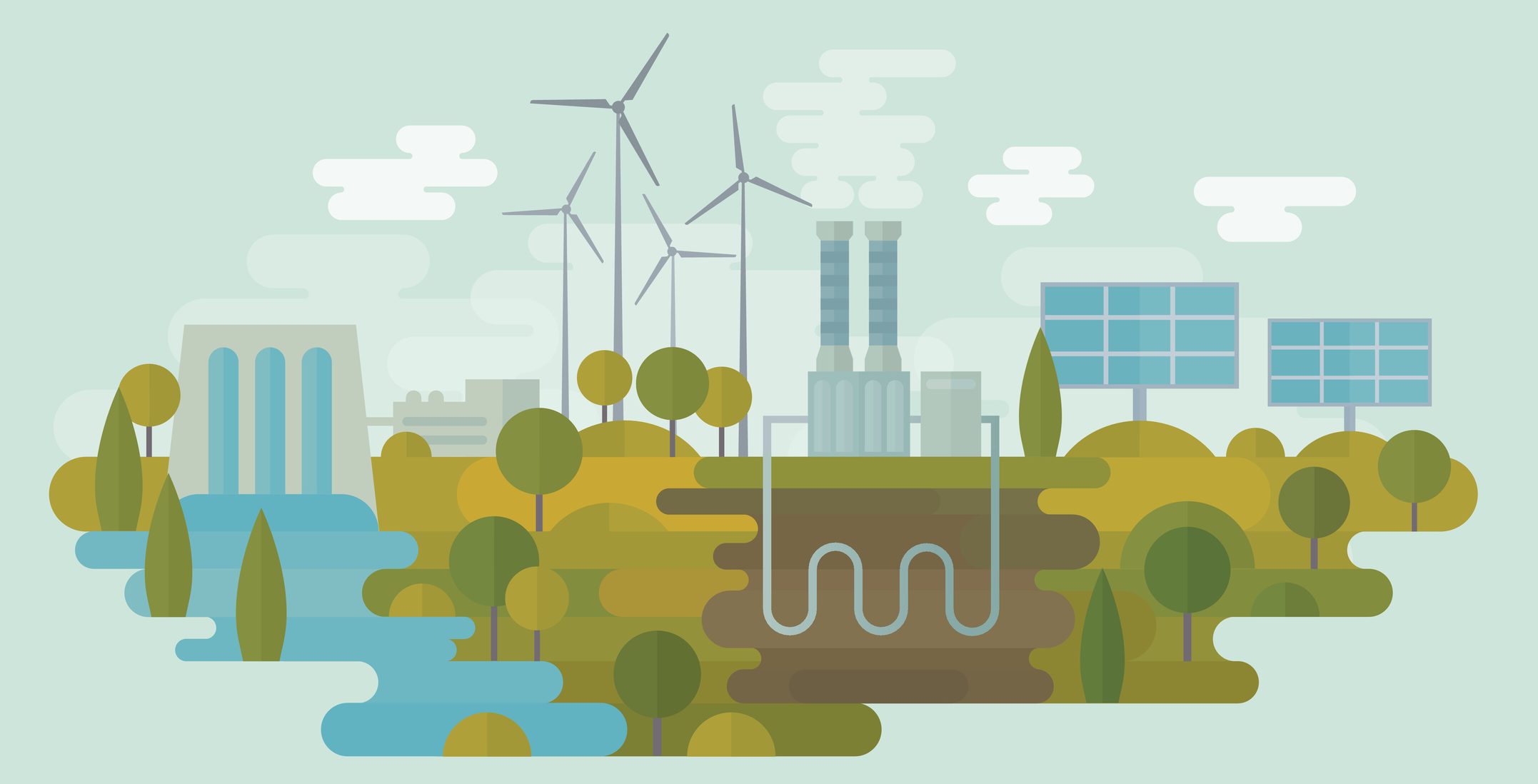 Flat vector illustration is showing alternative clean energy sources: hydro energy, wind energy, geothermal energy and solar energy. Nicely layered.