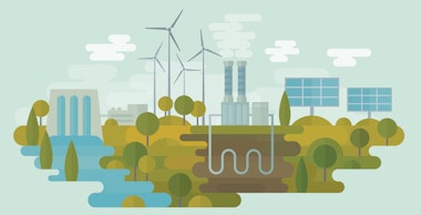 Flat vector illustration is showing alternative clean energy sources: hydro energy, wind energy, geothermal energy and solar energy. Nicely layered.