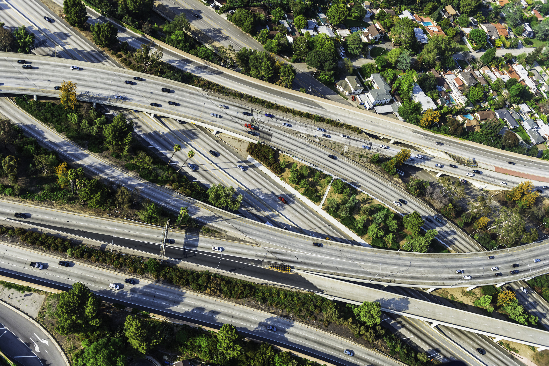 Aerial view of highways, interchanges, and traffic in Los Angeles California
