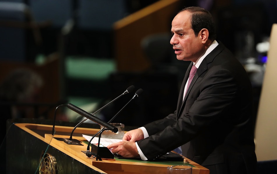 NEW YORK, NY - SEPTEMBER 19:  Egyptian President Abdel Fattah el-Sisi
speaks to world leaders at the 72nd United Nations (UN) General Assembly at UN headquarters in New York on September 19, 2017 in New York City. Topics to be discussed at this year's gathering include Iran, North Korea and global warming.  (Photo by Spencer Platt/Getty Images)