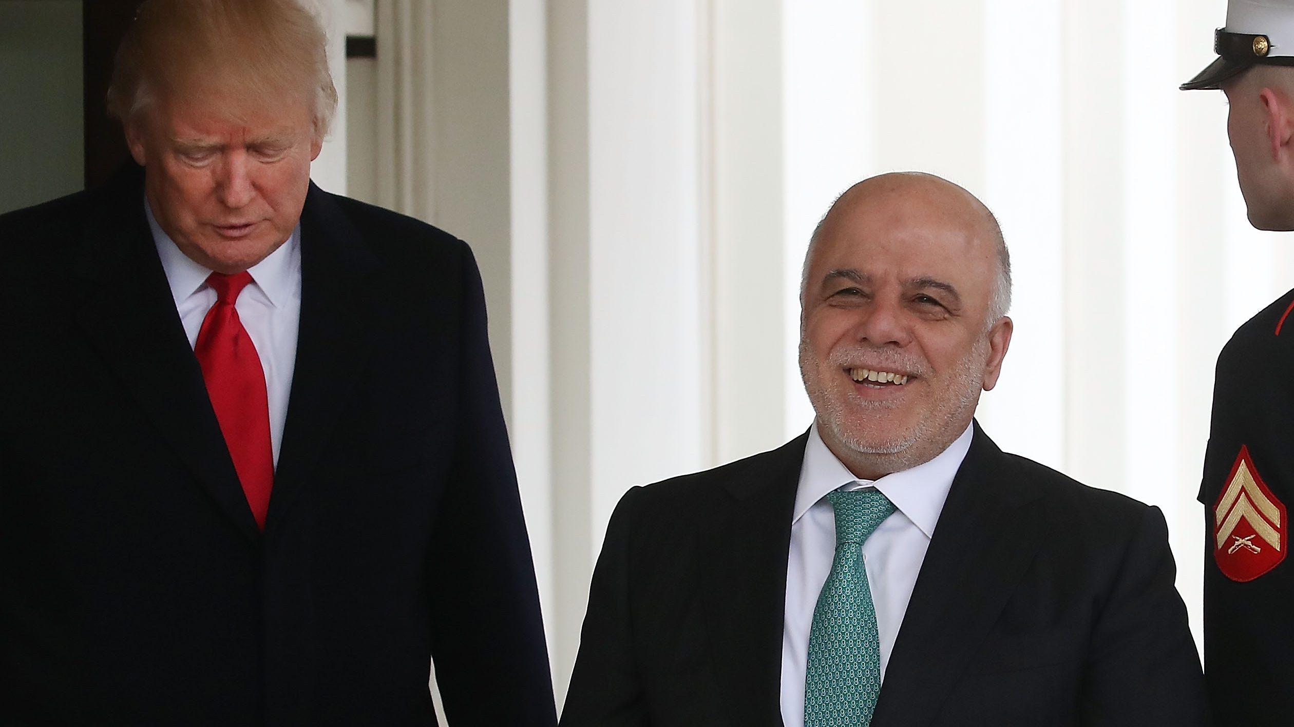 WASHINGTON, DC - MARCH 20:  U.S. President Donald Trump (L) welcomes Iraqi Prime Minister Haider al-Abadi upon his arrival for a meeting at the White House, on March 20, 2017 in Washington, DC.  (Photo by Mark Wilson/Getty Images)