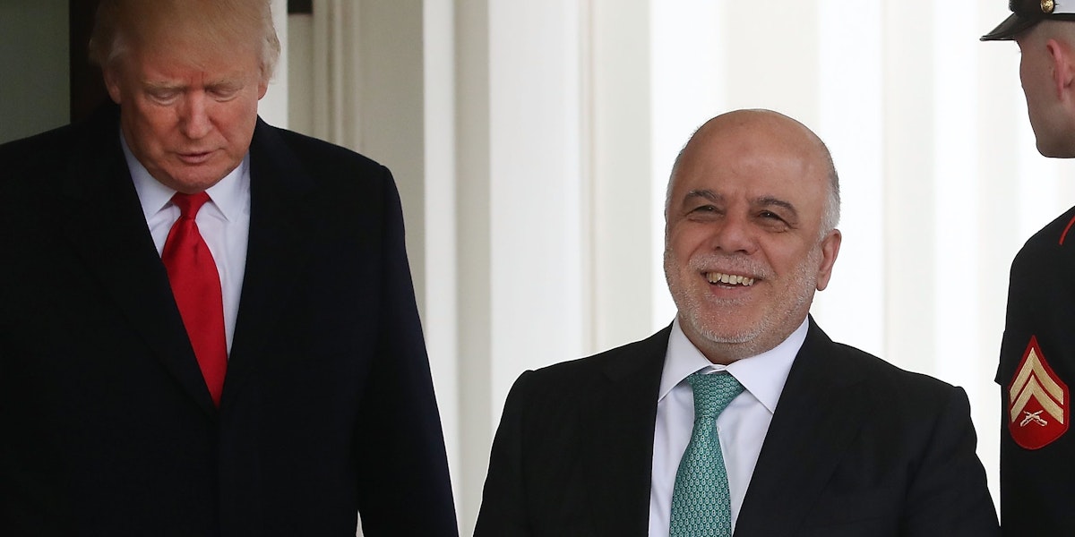 WASHINGTON, DC - MARCH 20:  U.S. President Donald Trump (L) welcomes Iraqi Prime Minister Haider al-Abadi upon his arrival for a meeting at the White House, on March 20, 2017 in Washington, DC.  (Photo by Mark Wilson/Getty Images)