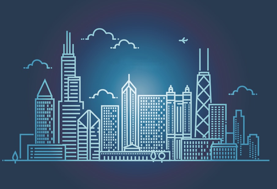 Linear banner of ChLinear Chicago City Silhouette with Typographic Designicago city. Line art.