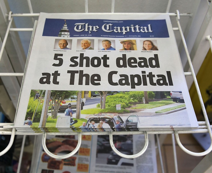 ANNAPOLIS, MD - JUNE 29: Today's edition of the the Capital Gazette for sale on a newspaper stand, on June 289, 2018 in Annapolis, Maryland. Yesterday 5 people were shot and killed in the daily newspapers newsroom by a lone gunman. Jarrod Ramos of Laurel Md. has been arrested and charged with killing 5 people at the daily newspaper.  (Photo by Mark Wilson/Getty Images)