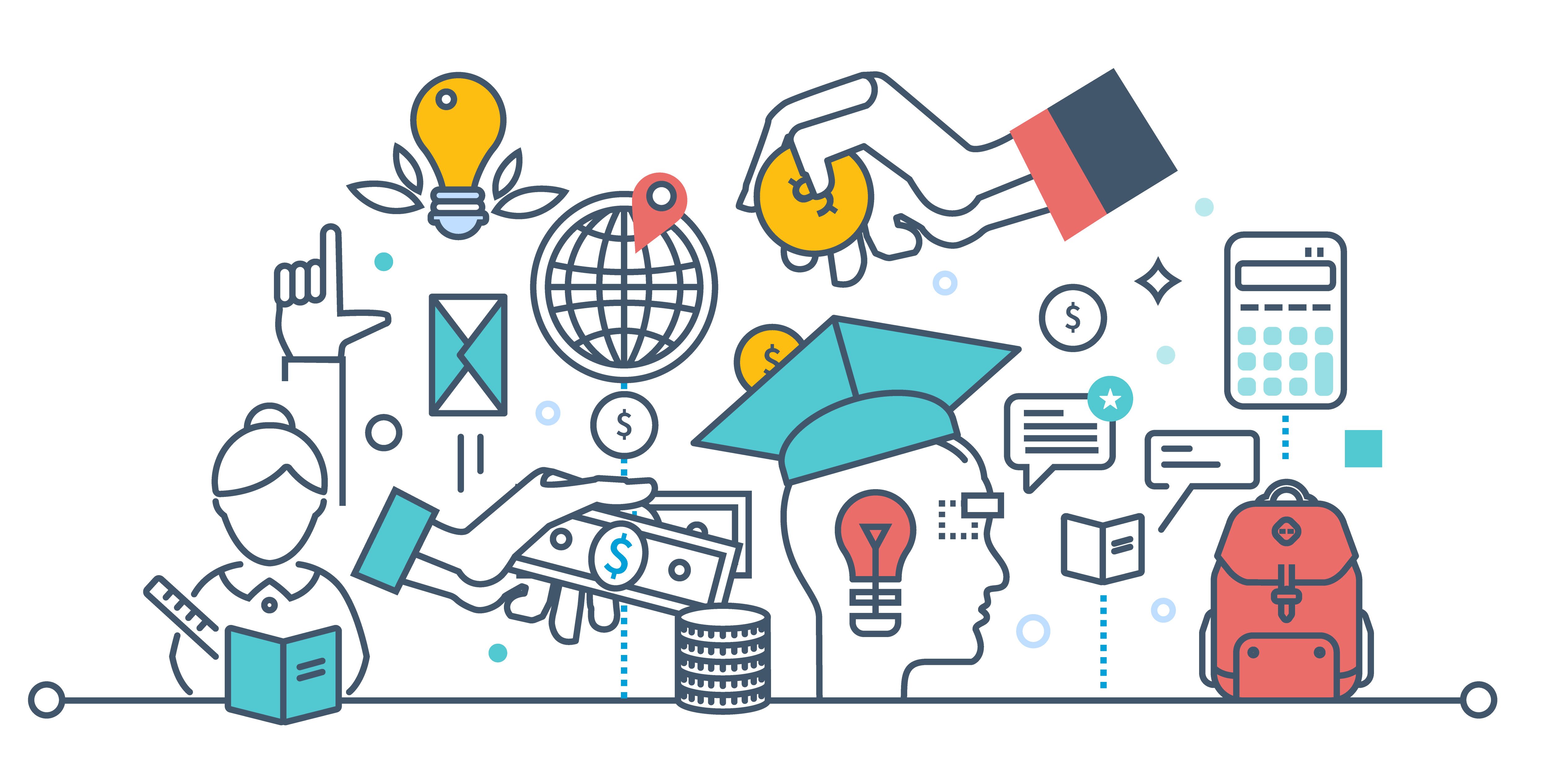 Education cost concept. Invest money in education, study cash, tuition fees, tax, pay, spending education money investment. Calculation, management. Illustration thin line design of vector doodles.