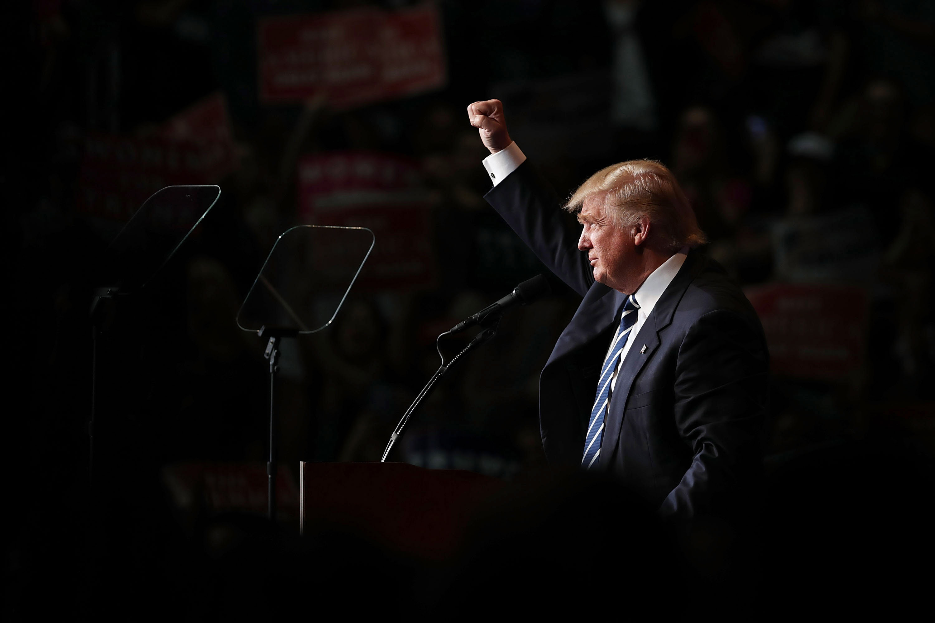 EAU CLAIRE, WI - NOVEMBER 01:  Republican presidential nominee Donald Trump speaks at a campaign rally at the W.L. Zorn Arena November 1, 2016 in Eau Claire, Wisconsin. Wisconsin Governor Scott Walker, campaigning with Trump at the rally, ran for the Republican nomination against Trump and eventually dropped out of the race for the presidency.  (Photo by Chip Somodevilla/Getty Images)
