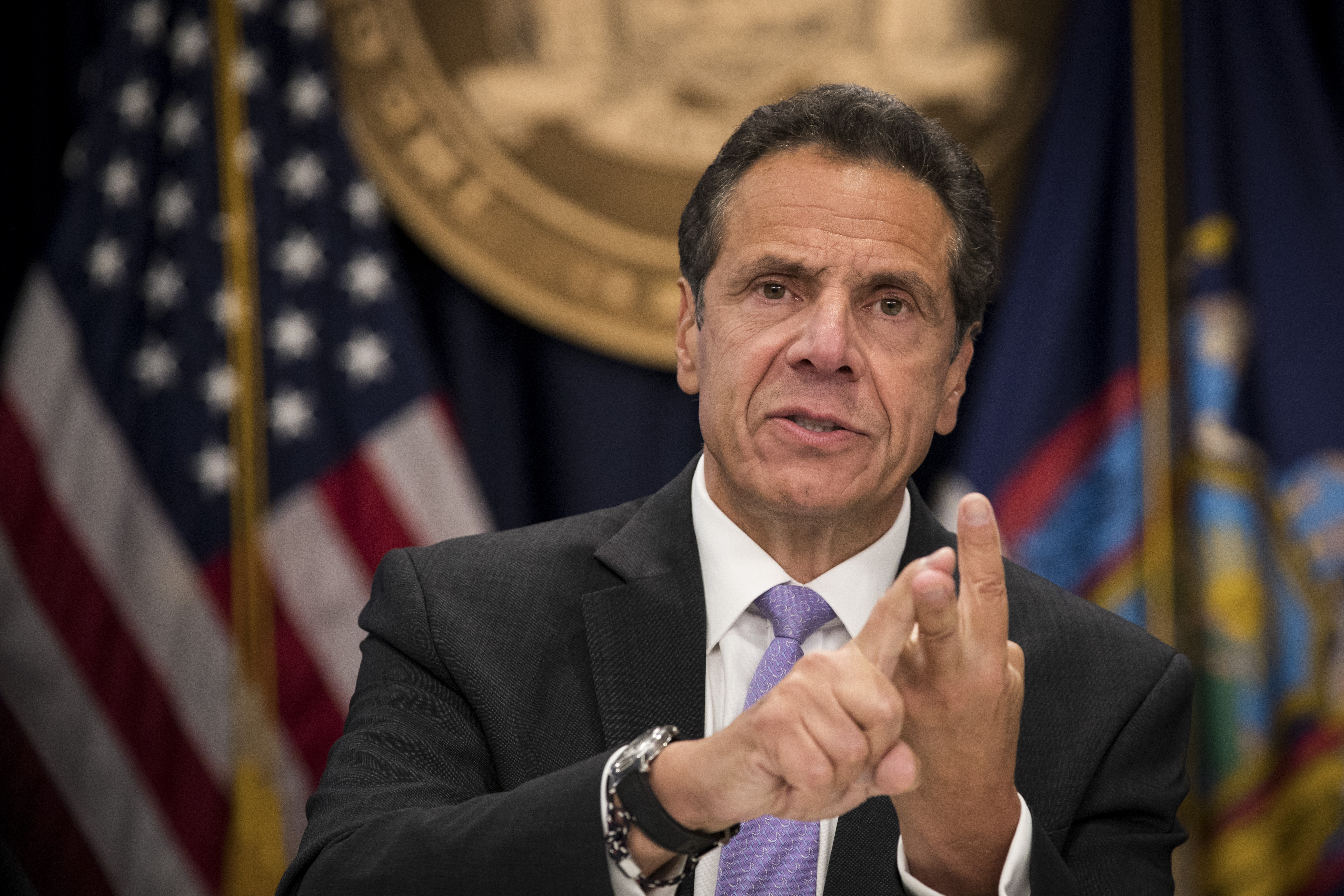 NEW YORK, NY - SEPTEMBER 14: New York Governor Andrew Cuomo speaks during a press conference at his Midtown Manhattan office, September 14, 2018 in New York City. Cuomo discussed his primary night election victory as well as a range of other topics. (Photo by Drew Angerer/Getty Images)
