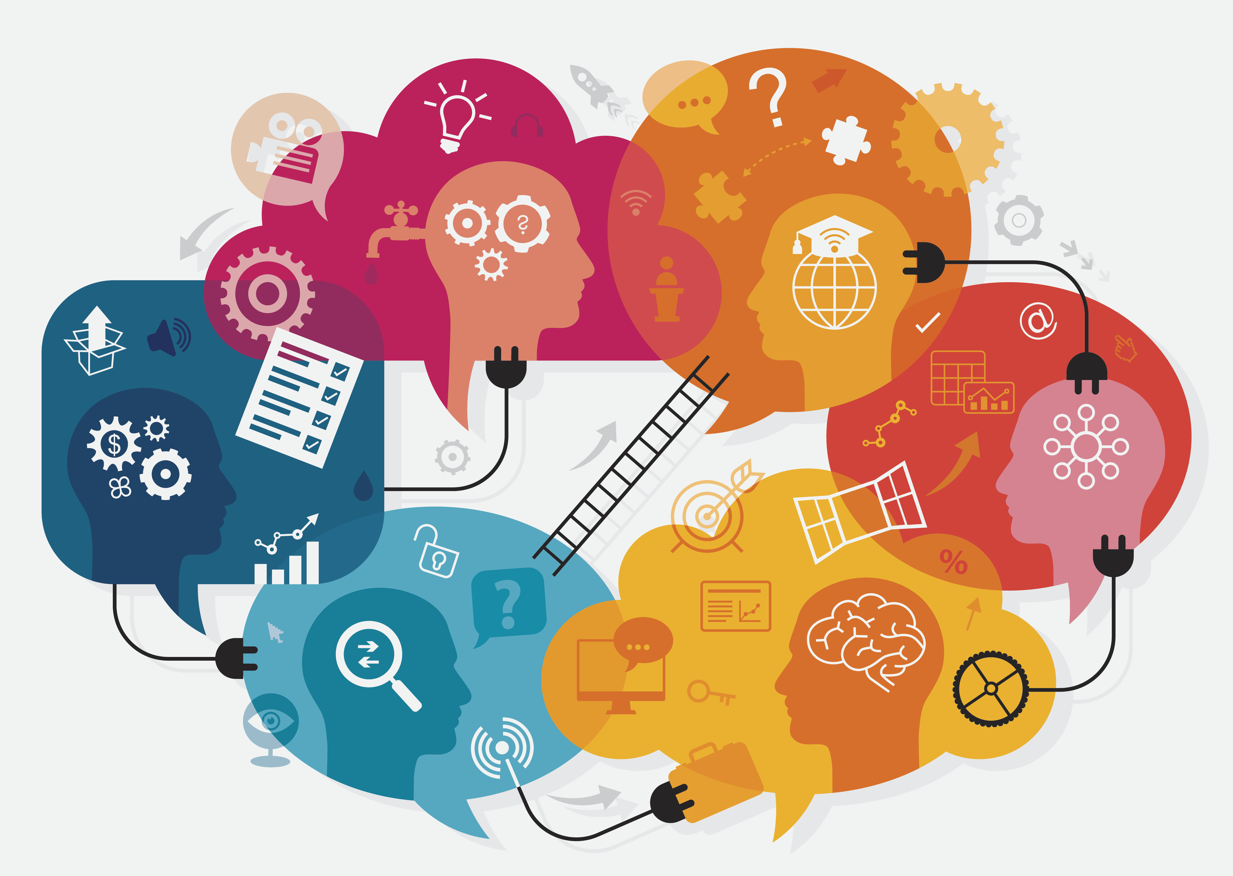 Vibrant vector illustration depicting webinar. Main elements of illustration are overlapping speech bubbles with heads/participants inside, placed into circular composition.  You can also find many different icons related with webinar like: gears and brain for thinking; open box for thinking out of the box; open window for new perspectives; ladder for connection in between different themes/persons; puzzles for right solutions; charts for analysis; target for goals; question mark for questioning; bulb for ideas ect. Illustration is very eye catching and nicely layered.