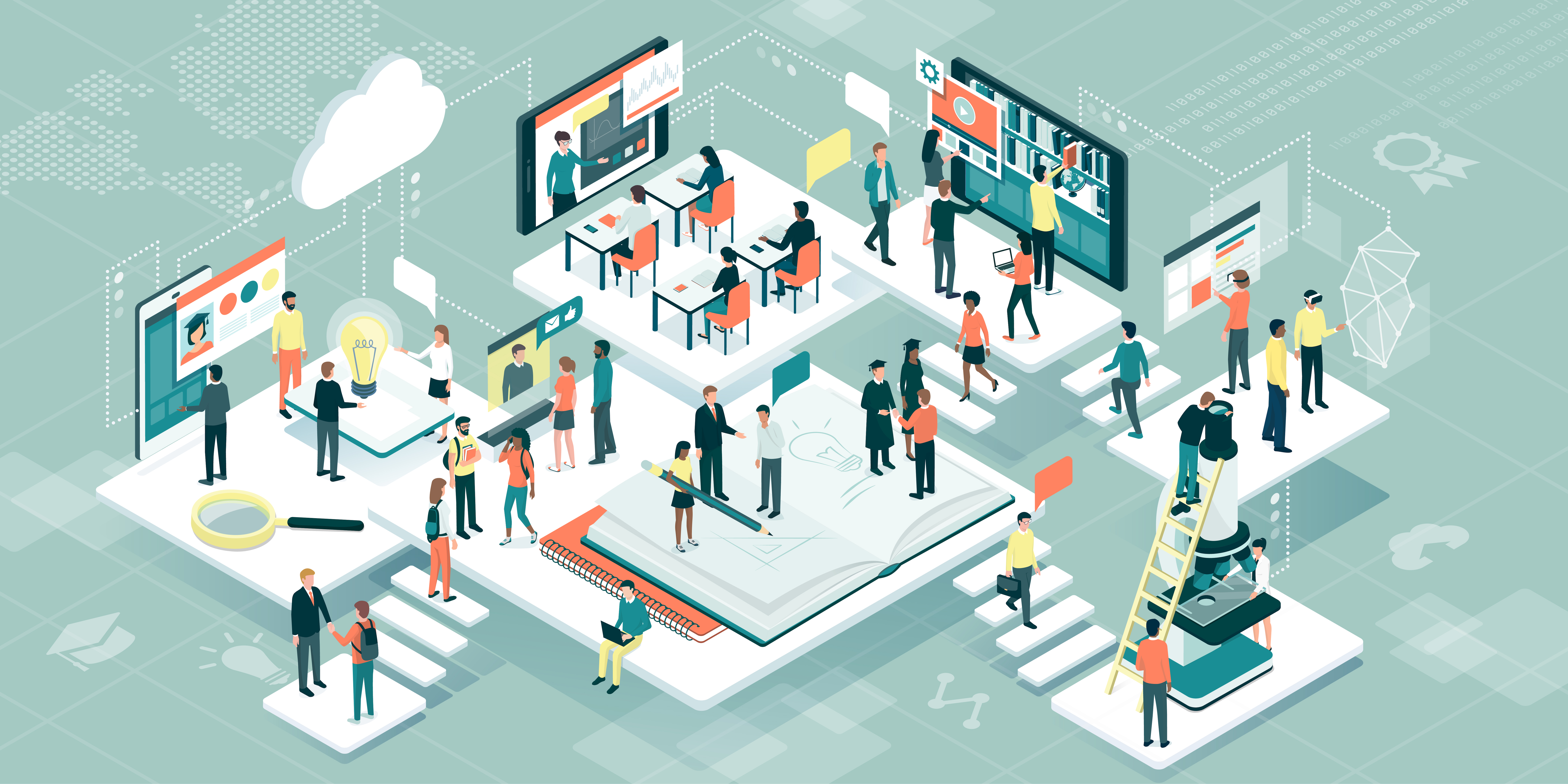 Academic students, researchers and professors working together: education, online learning and technology concept