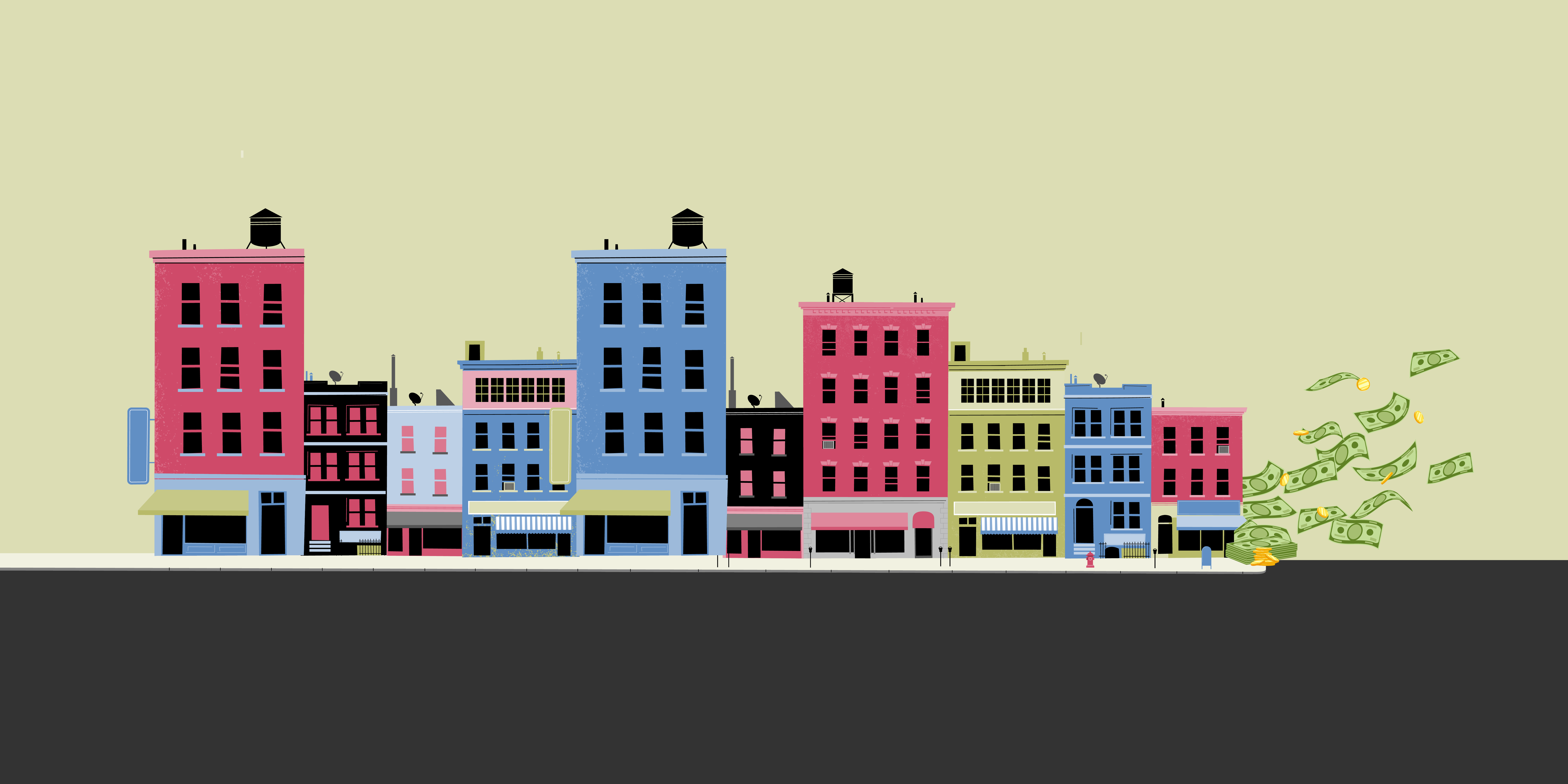 Graphic Illustration of a city block with money flying