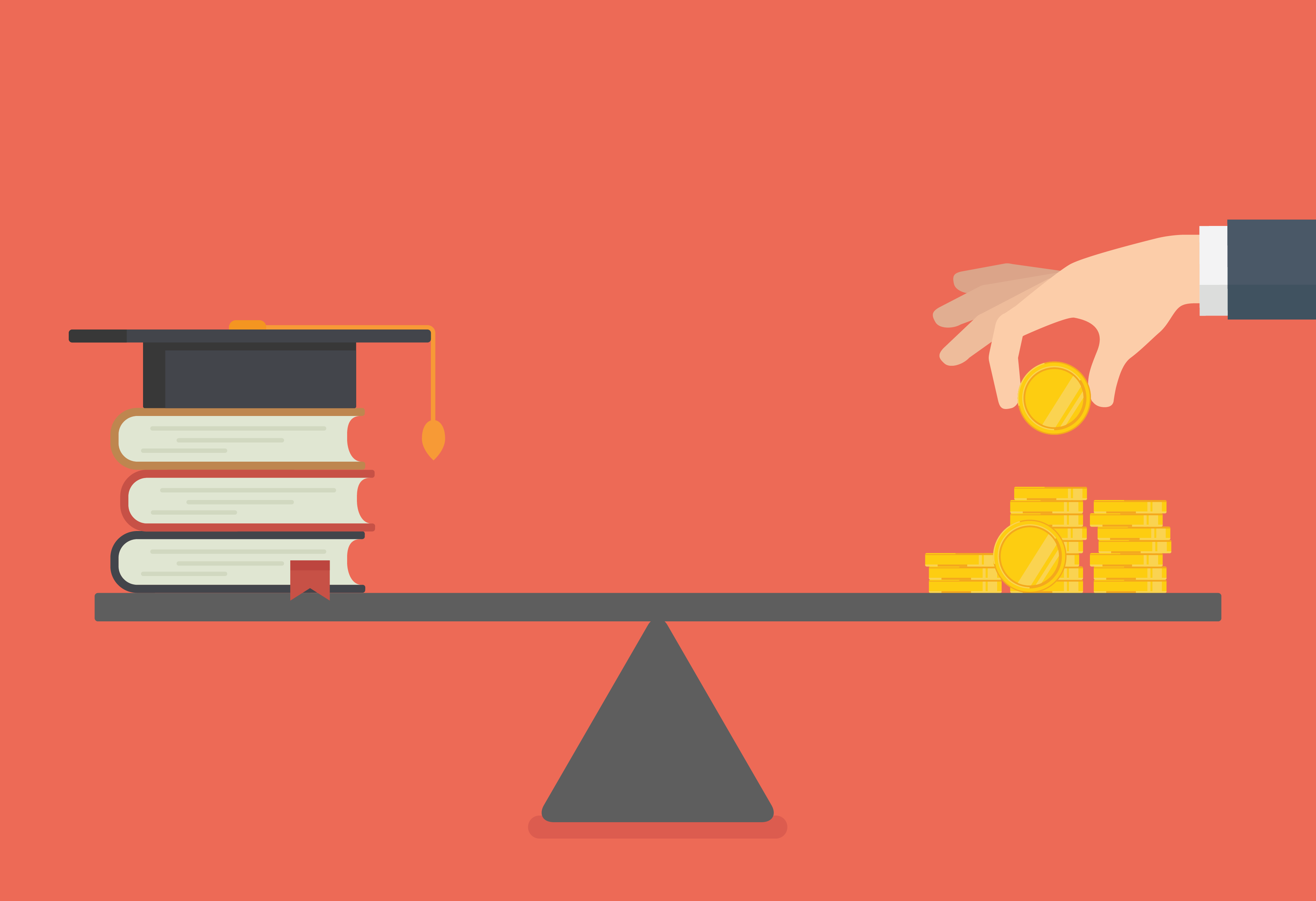 A balance scale balancing out with coins on one side, and textbooks on the other side