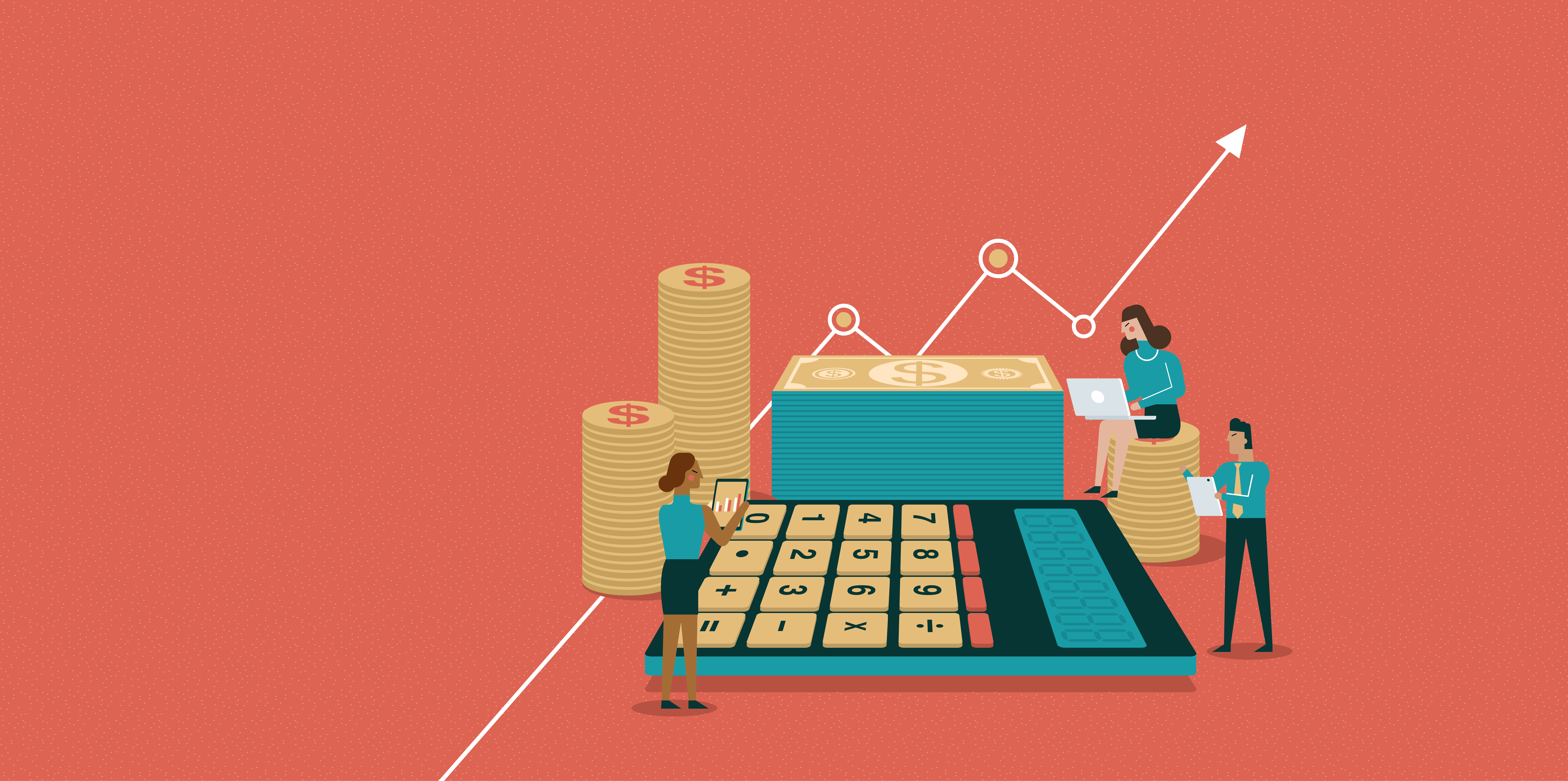 Vector image of a pile of money, calculator, and rising line graph