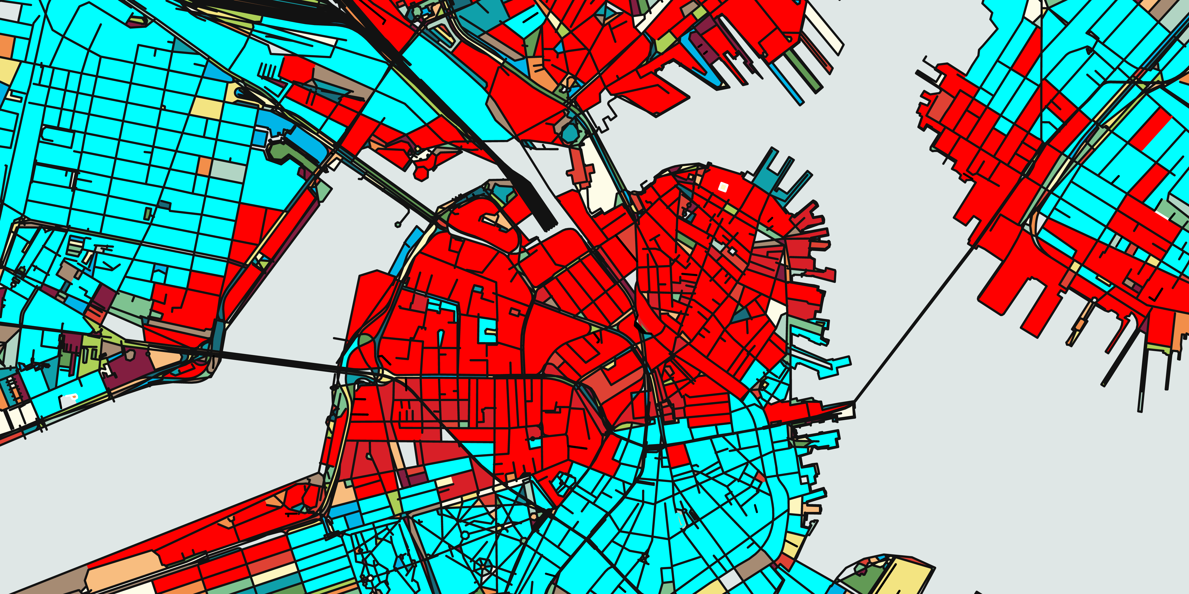 blue and red grid of a city map