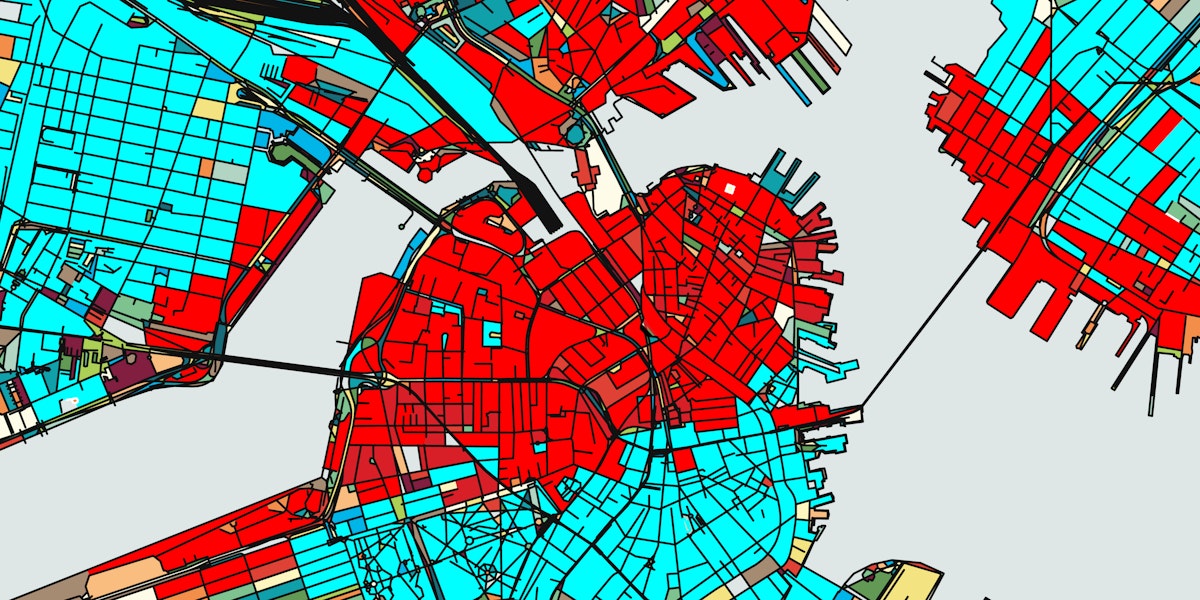 blue and red grid of a city map