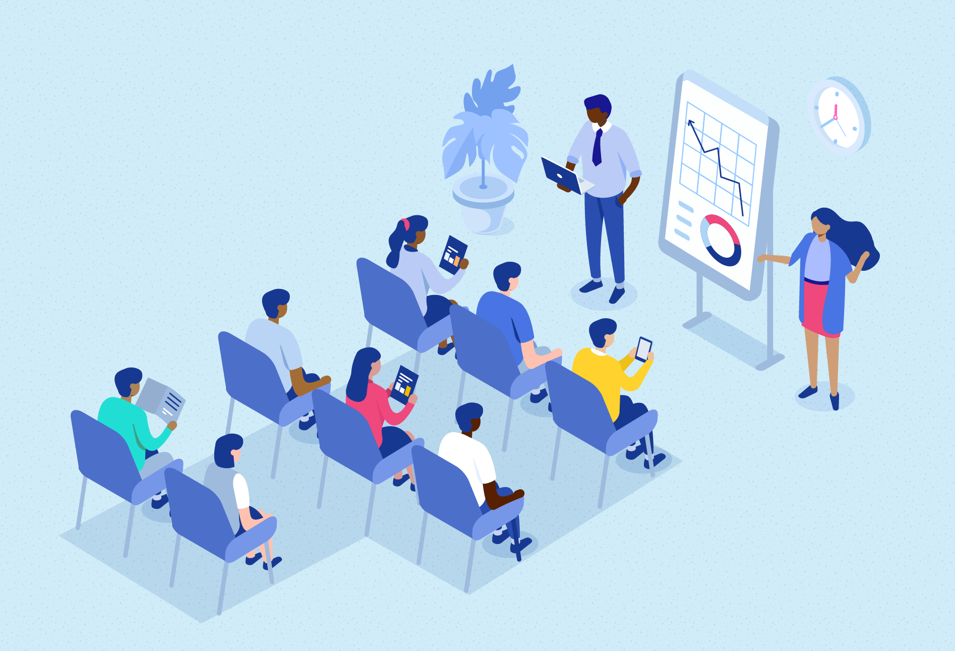 A graphic illustration of a job training presentation