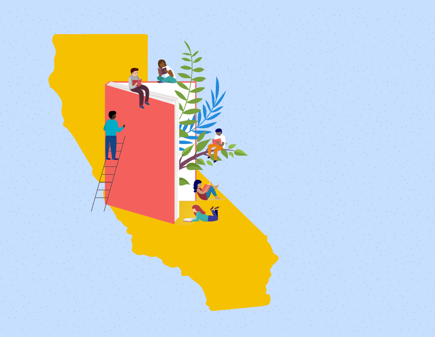 Graphic of California state and a book surrounded by children.