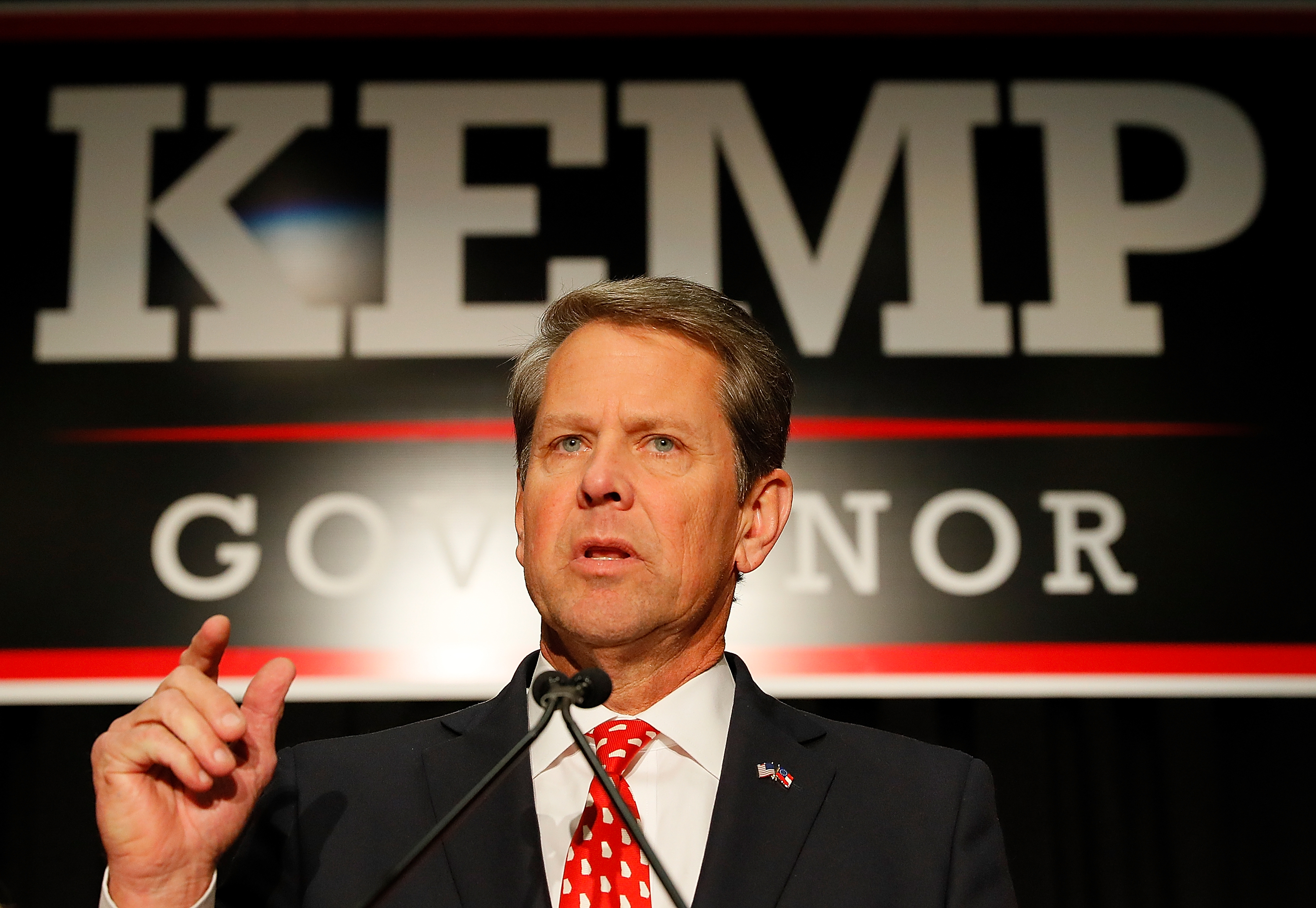ATHENS, GA - NOVEMBER 06:  Republican gubernatorial candidate Brian Kemp attends the Election Night event at the Classic Center on November 6, 2018 in Athens, Georgia.  Kemp is in a close race with Democrat Stacey Abrams.  (Photo by Kevin C. Cox/Getty Images)