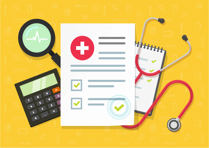A graphic image of a health document, notepad, stethascope, and calculator