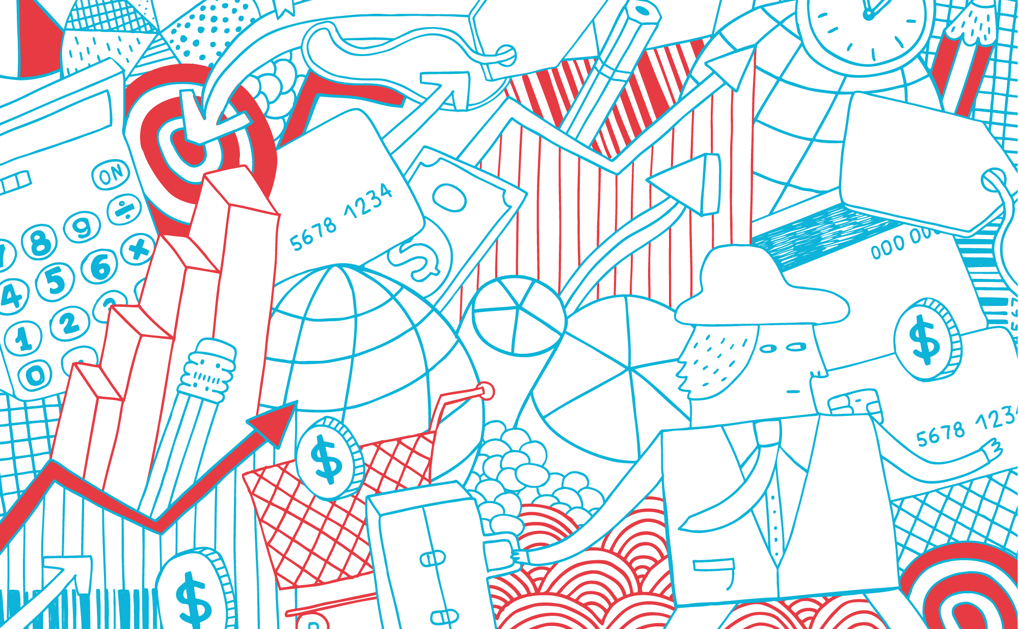 Graphic of office worker, business, money, shopping, time, diagrams.