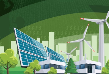 a green city with a wind turbine and solar panels