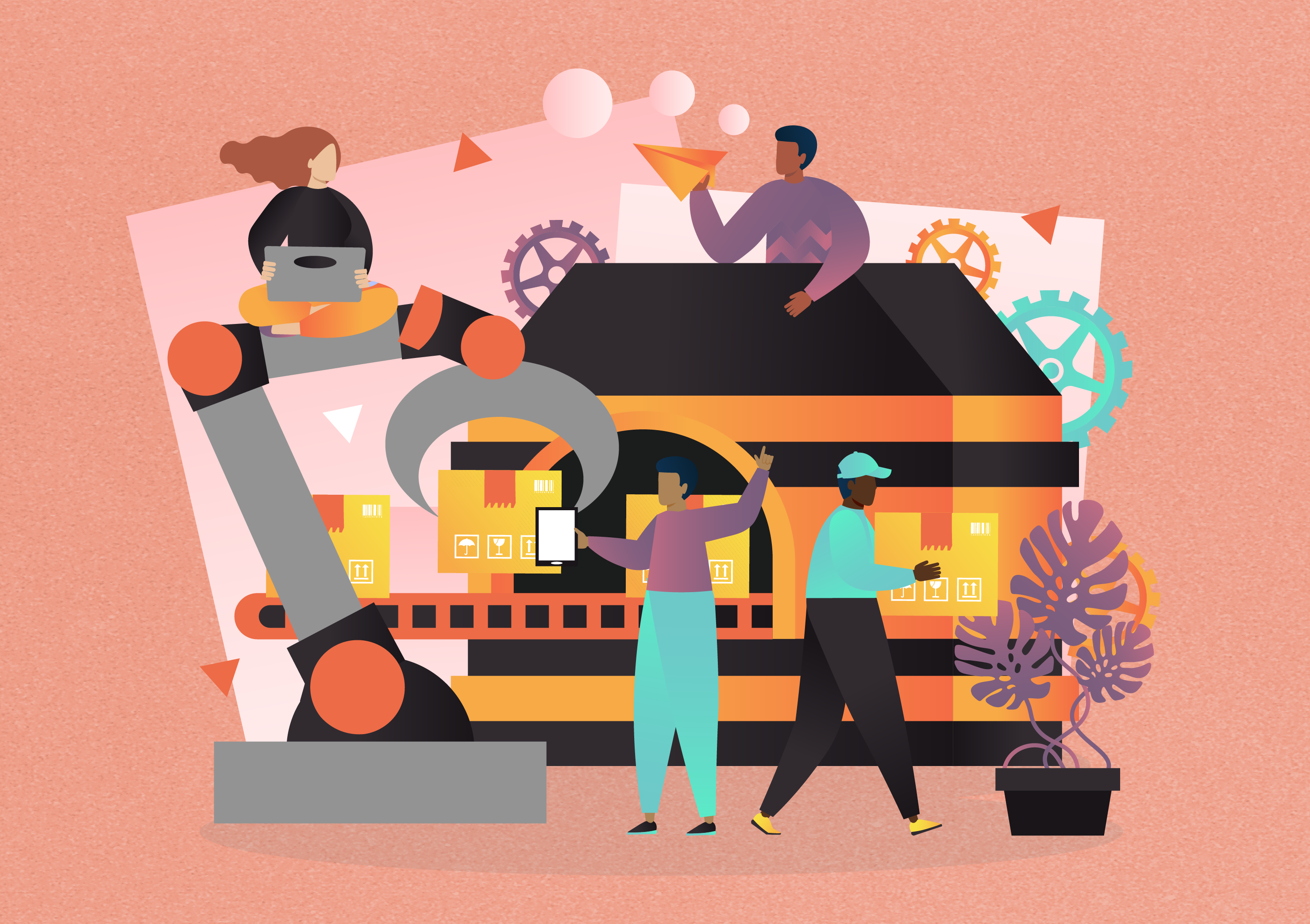 Graphic illustration of a factory, and employees