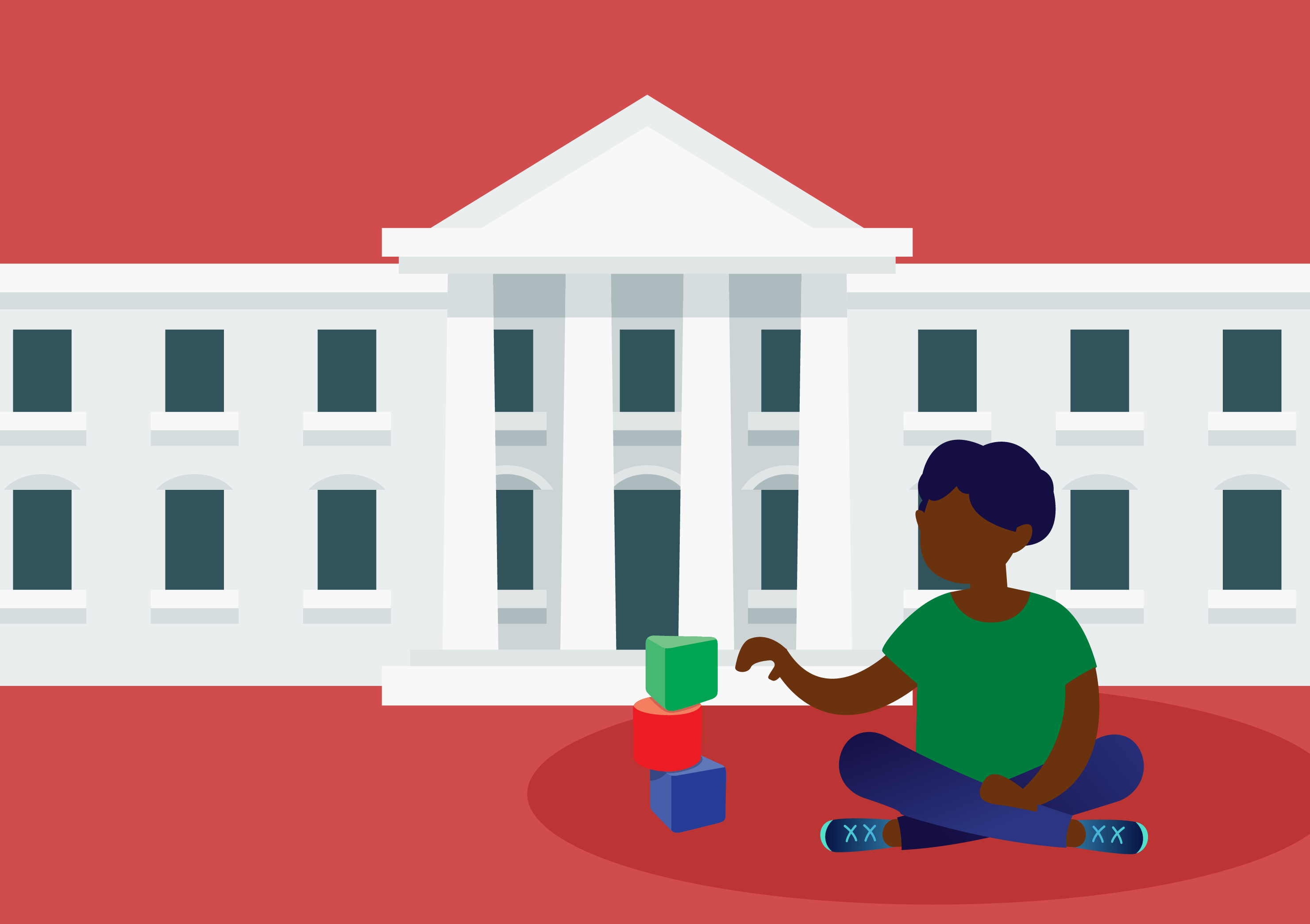 A graphic of a child stacking blocks in front of an educational institution