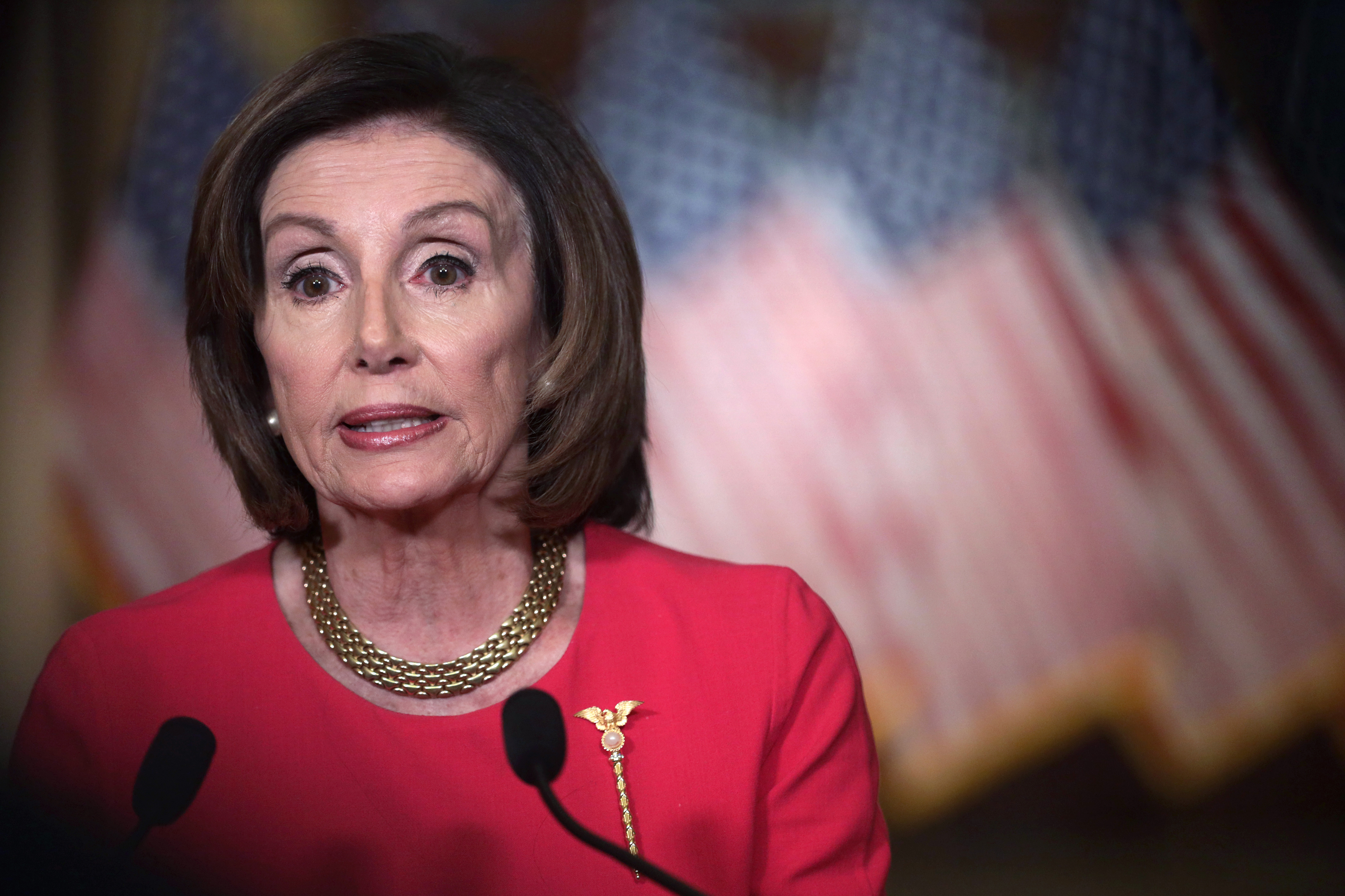 WASHINGTON, DC - MARCH 23:  U.S. Speaker of the House Rep. Nancy Pelosi (D-CA) delivers a statement at the hallway of the Speaker’s Balcony at the U.S. Capitol March 23, 2020 in Washington, DC. Speaker Pelosi spoke on the 10th anniversary of the Affordable Care Act and introduced the Take Responsibility for Workers and Families Act in response to the outbreak of COVID-19 pandemic, also known as coronavirus.  (Photo by Alex Wong/Getty Images)