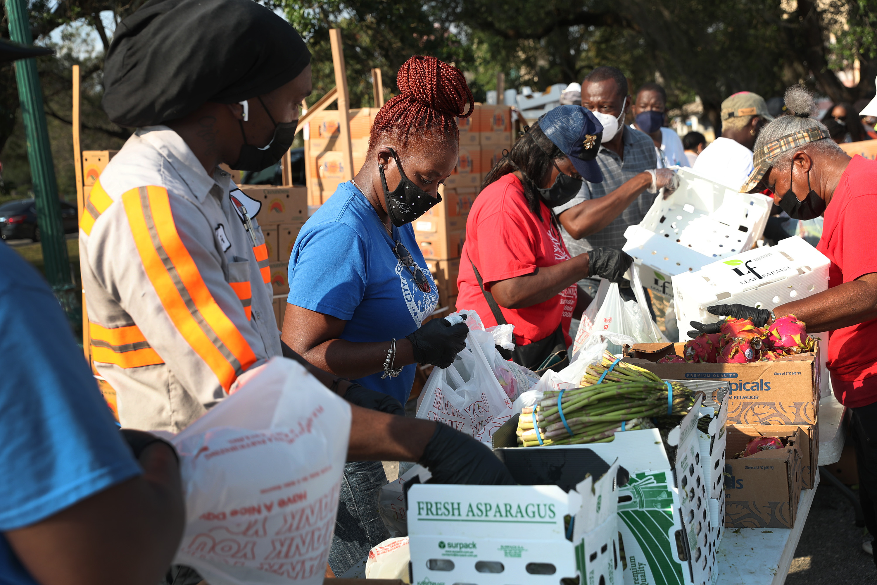 OPA LOCKA, FLORIDA - APRIL 14: City of Opa-locka employees and volunteers prepare bags of food, provided by the food bank Feeding South Florida, to be given out to the needy at a drive-thru distribution site on April 14, 2020 in Opa-locka, Florida. Feeding South Florida has seen a 600 percent increase in those asking for food aid as people, some of whom have lost jobs, need to make ends meet during the coronavirus pandemic.  (Photo by Joe Raedle/Getty Images)