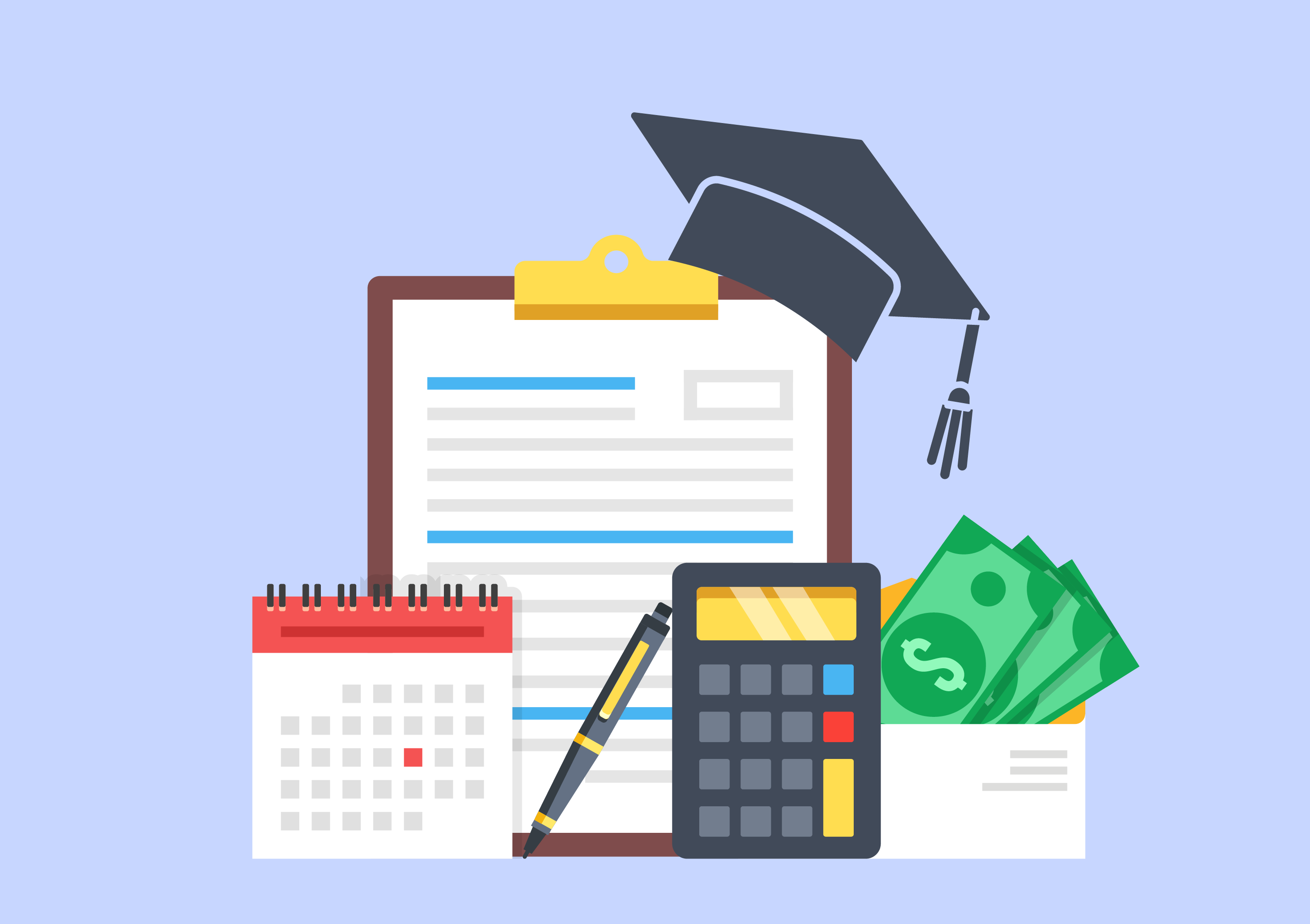 a clipboard with a calculator, a pen, and a graduation cap