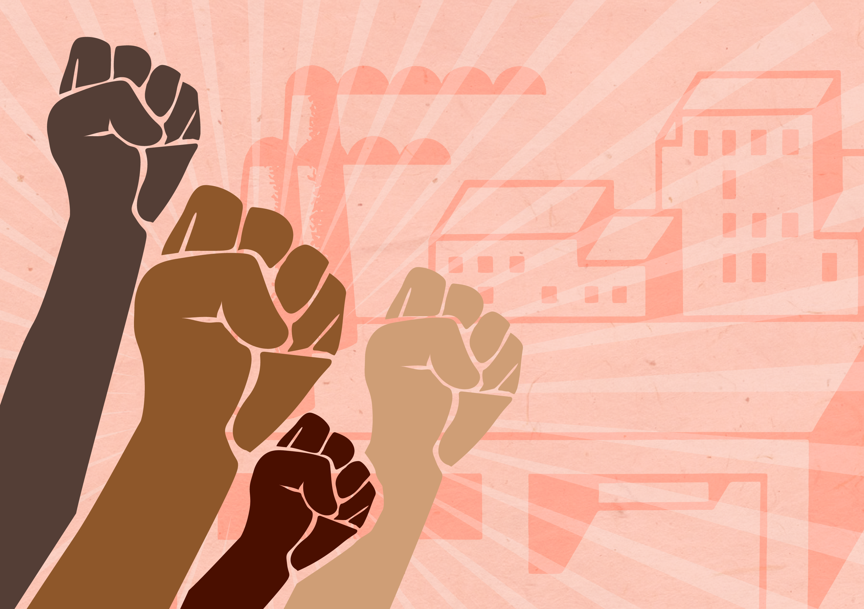 Graphic of multiple raised fist with factories in the background
