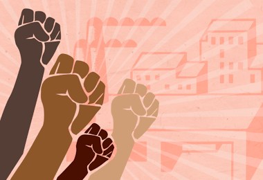 Graphic of multiple raised fist with factories in the background