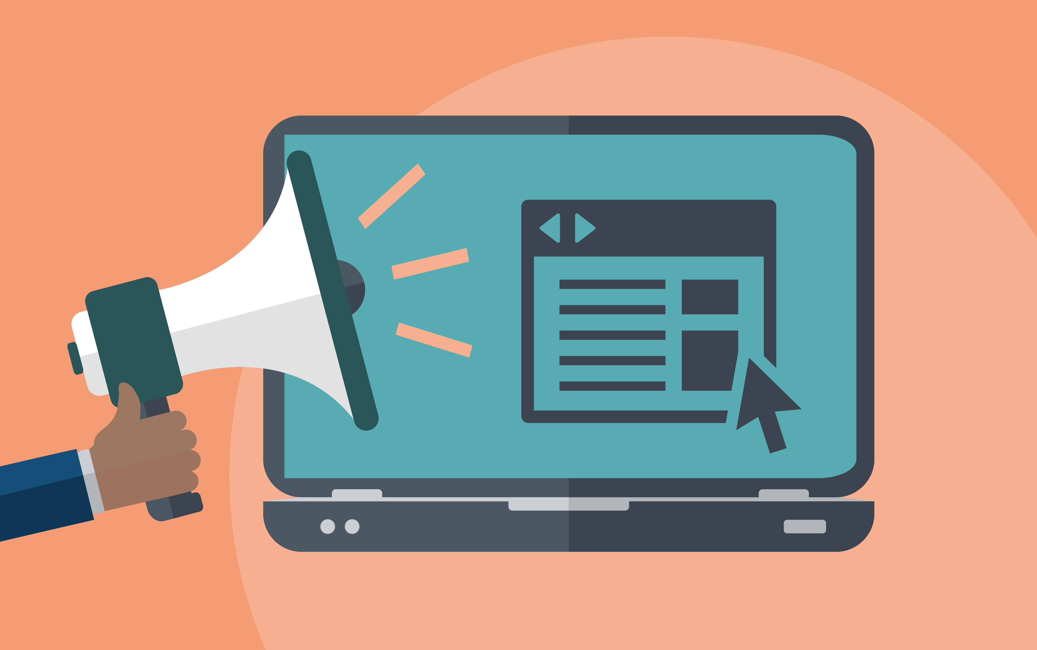 a hand holding a megaphone over a laptop screen