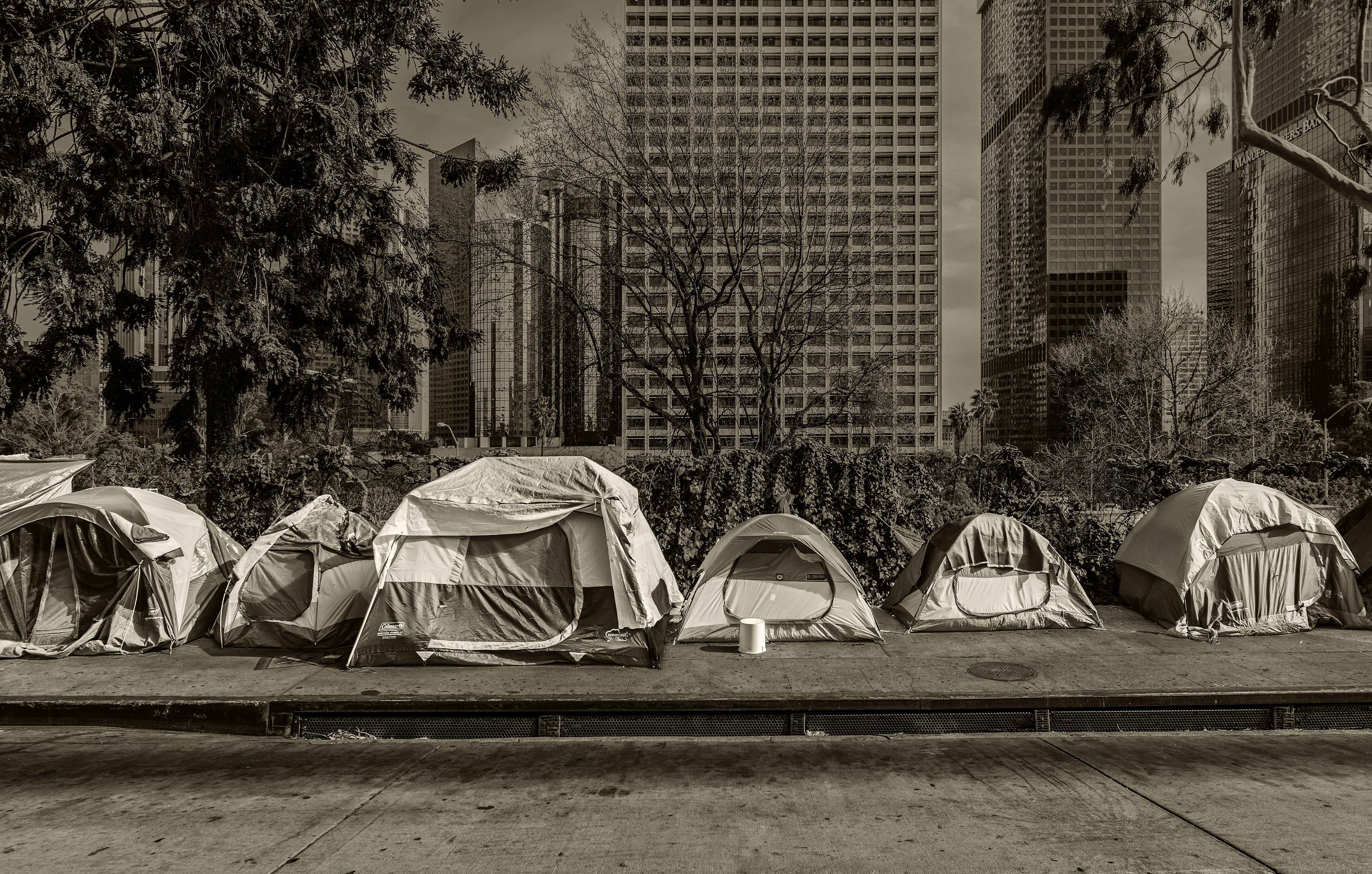 Homeless tents on South Beaudry in Los Angeles