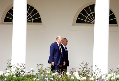 WASHINGTON, DC - SEPTEMBER 15: Prime Minister of Israel Benjamin Netanyahu and U.S. President Donald Trump walk through the West Wing Colonnade prior to the signing ceremony of the Abraham Accords on the South Lawn of the White House on September 15, 2020 in Washington, DC. Witnessed by President Trump, Prime Minister Netanyahu signed a peace deal with the UAE and a declaration of intent to make peace with Bahrain. (Photo by Alex Wong/Getty Images)
