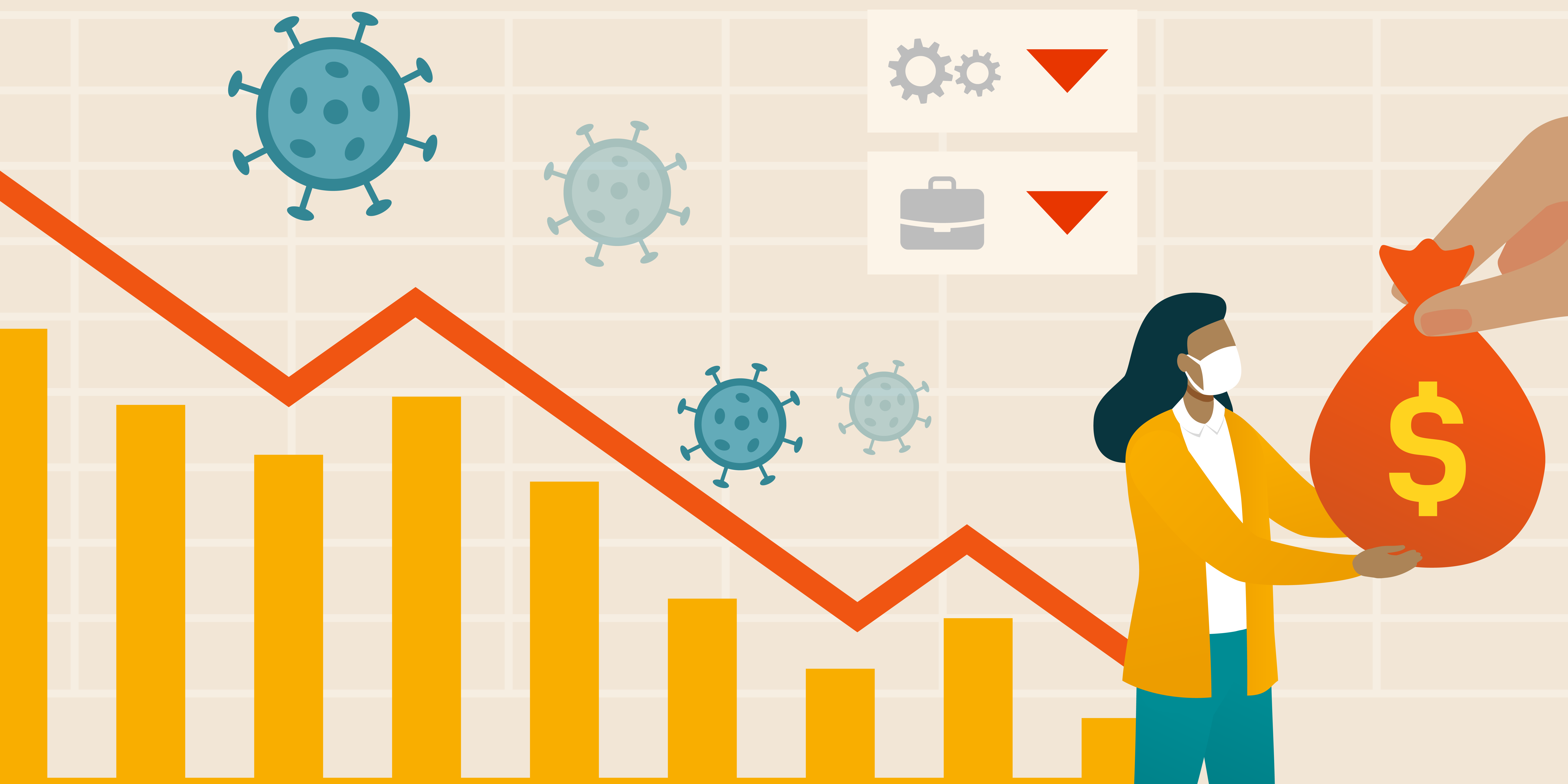 Depreciating arrow chart with a lady holding a bag of money